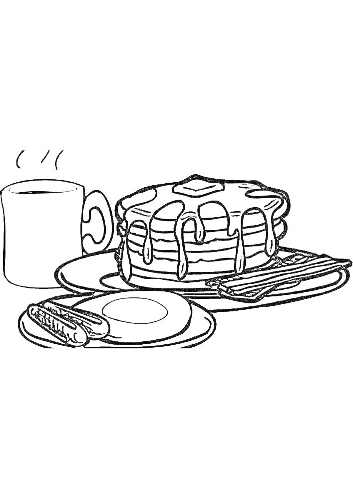 На раскраске изображено: Завтрак, Сироп, Масло, Горячий напиток, Тарелка, Яичница, Еда