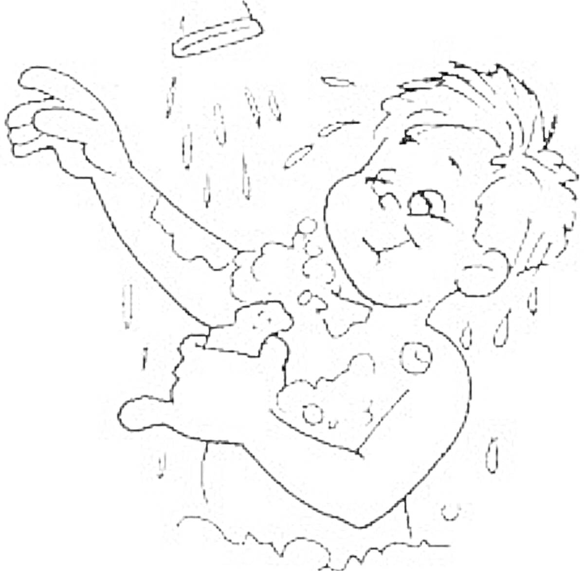 На раскраске изображено: Мальчик, Душ, Мыло, Капли воды, Купание, Гигиена, Пузыри