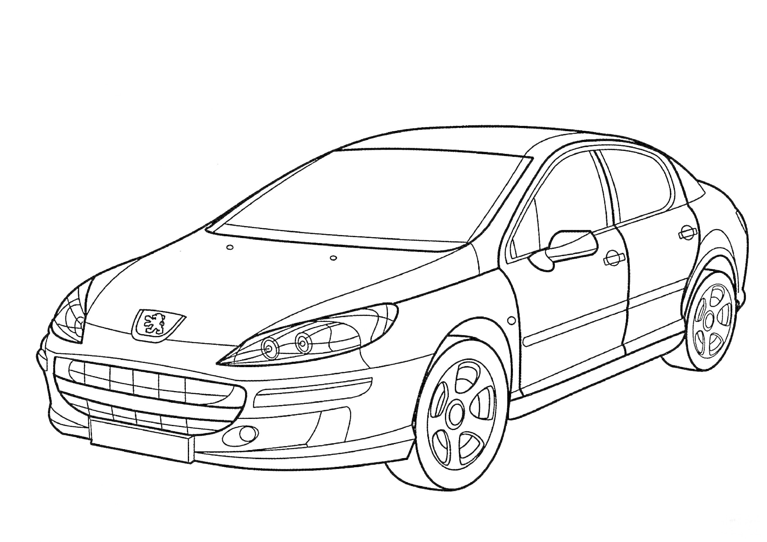 Раскраска Пежо легковой автомобиль с четырьмя дверями, фарами, решеткой радиатора и колесами