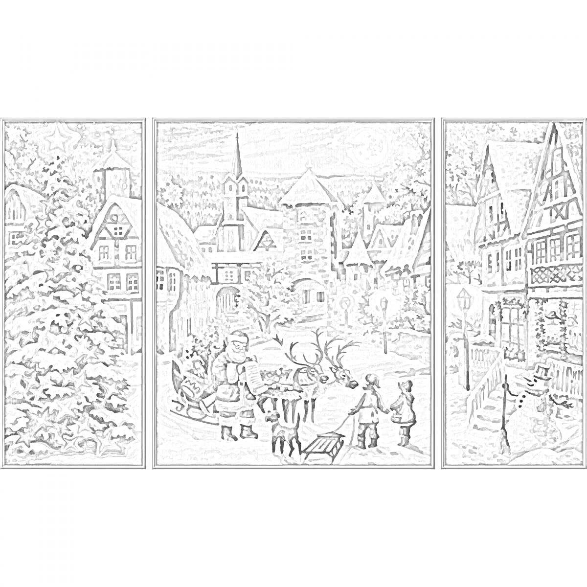 Раскраска Рождественская деревня с елкой, домами, детьми и санями с оленями