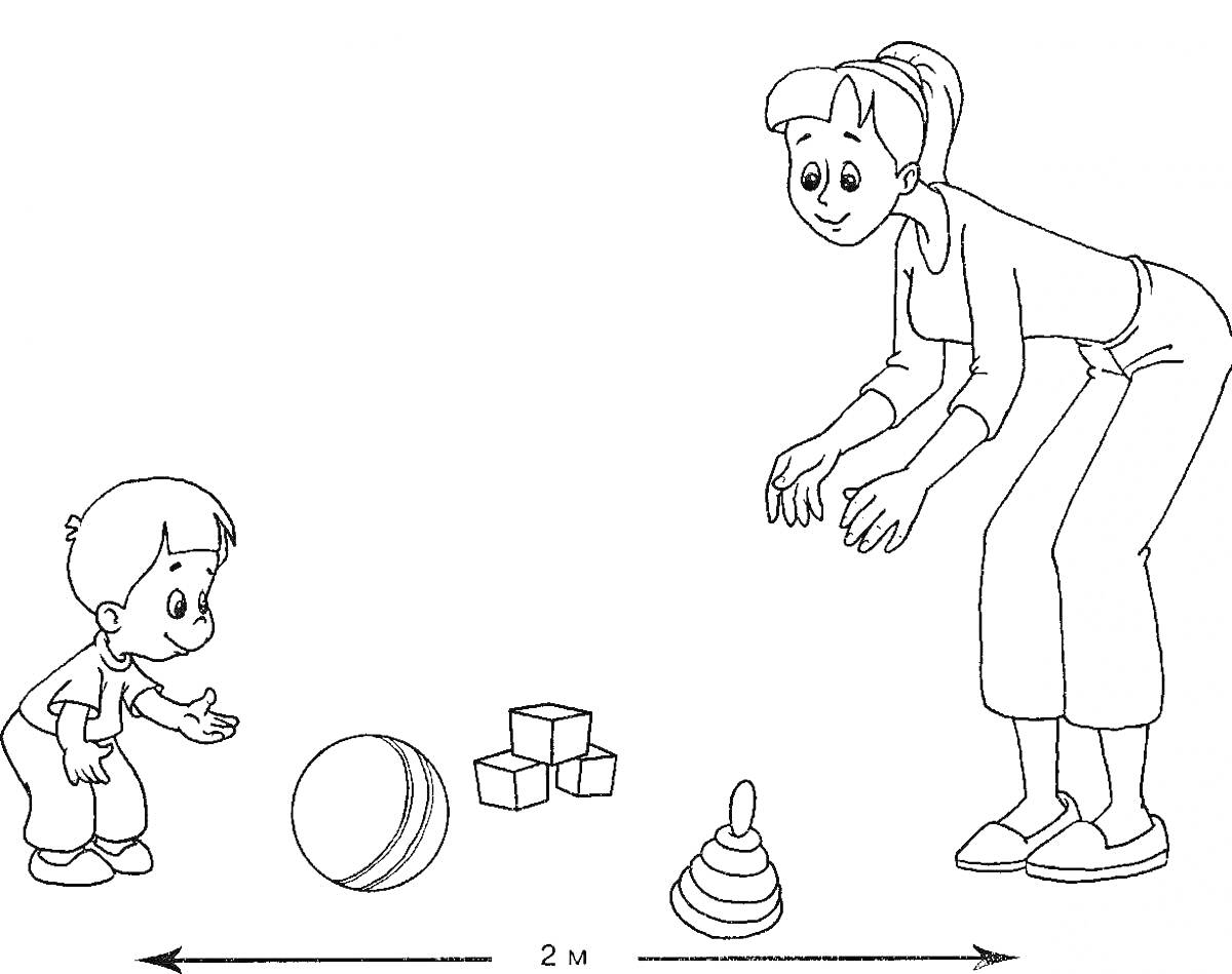 Раскраска Малыш и взрослый с мячом, кубиками, пирамидкой