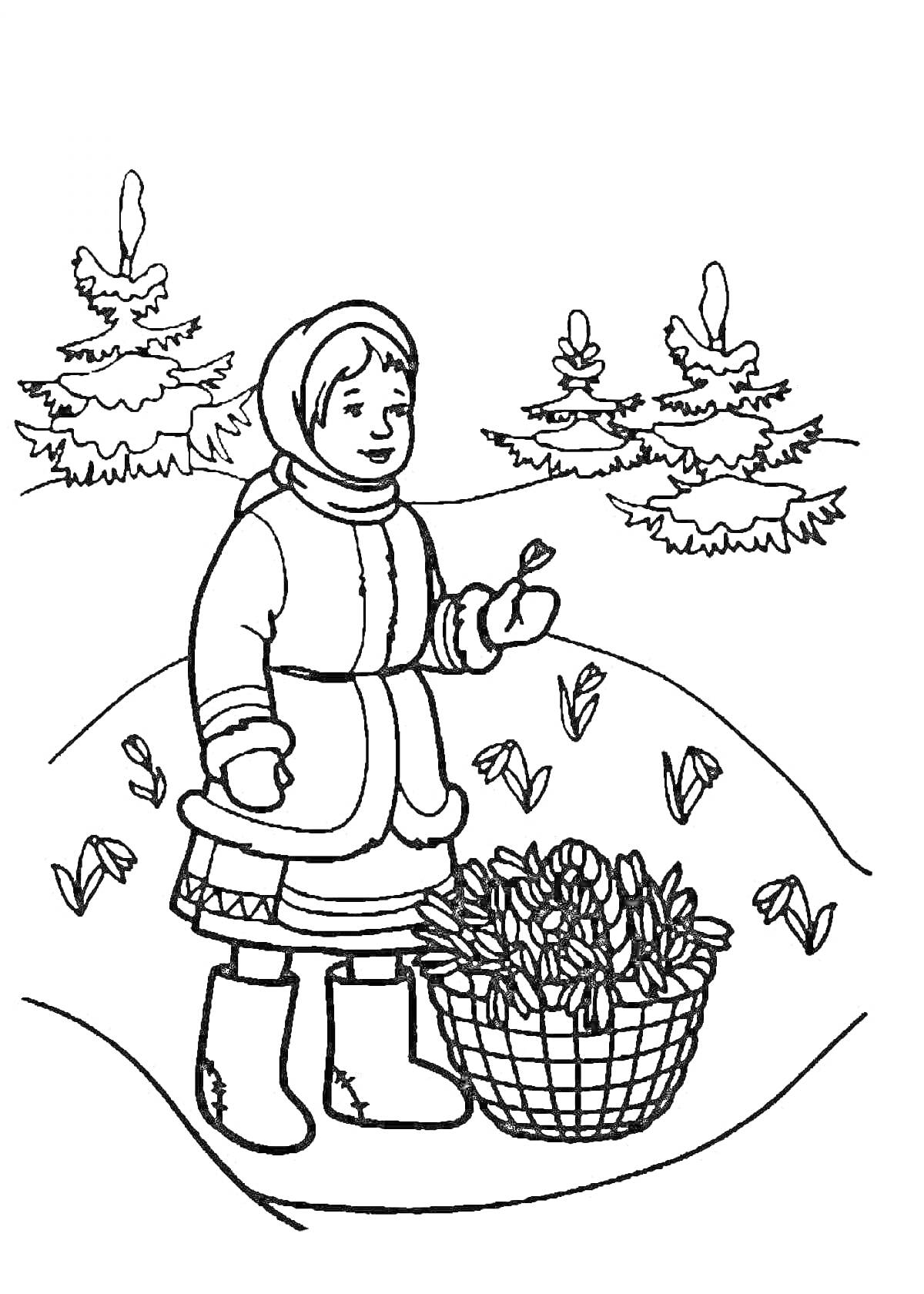 На раскраске изображено: Девочка, Зимняя одежда, Корзина, Цветы, Елки, Снег, Зима, Природа