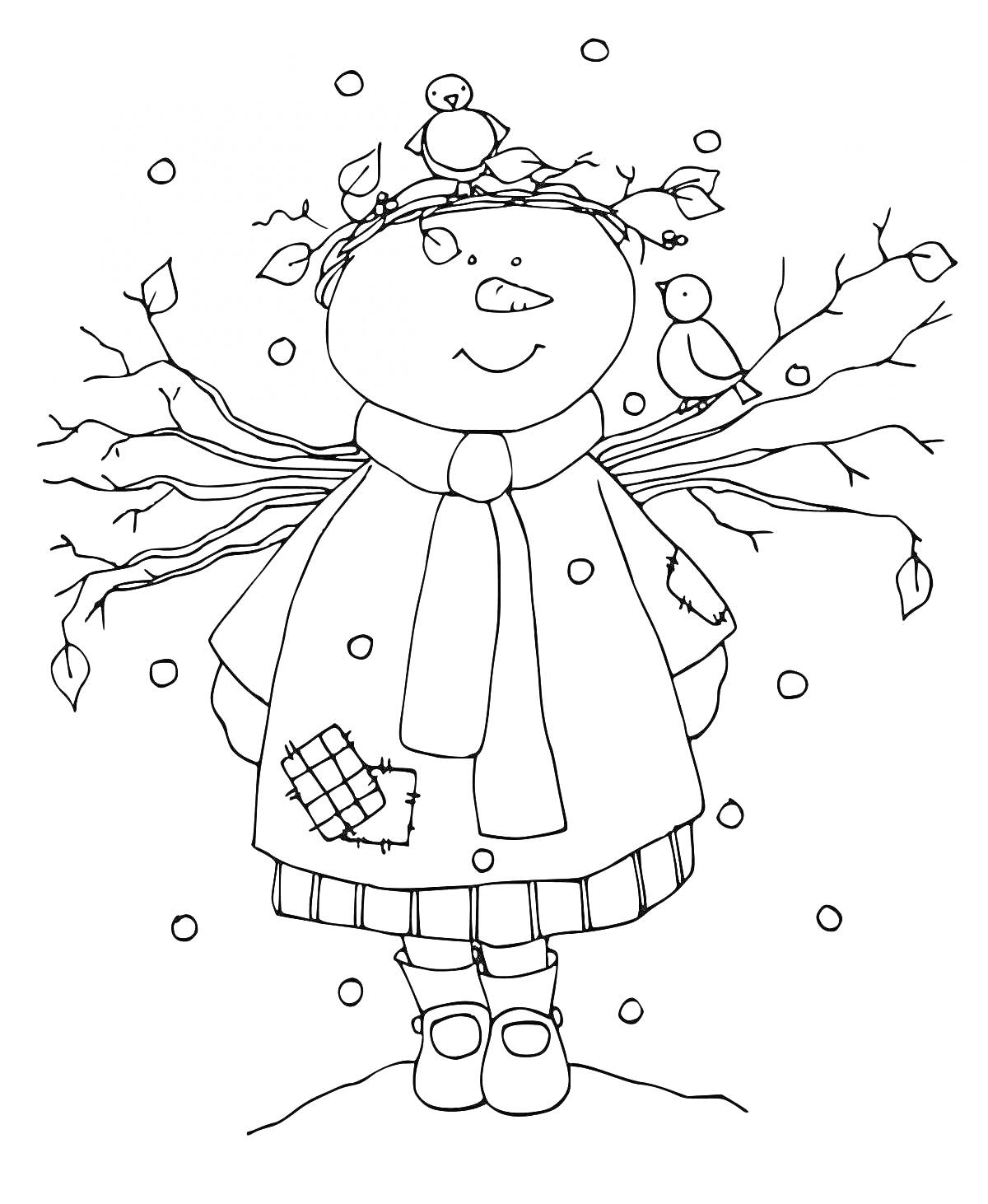 Раскраска Снежная баба с шарфом и птицами на ветках, в заплатанном пальто и в сапогах, с падающим снегом