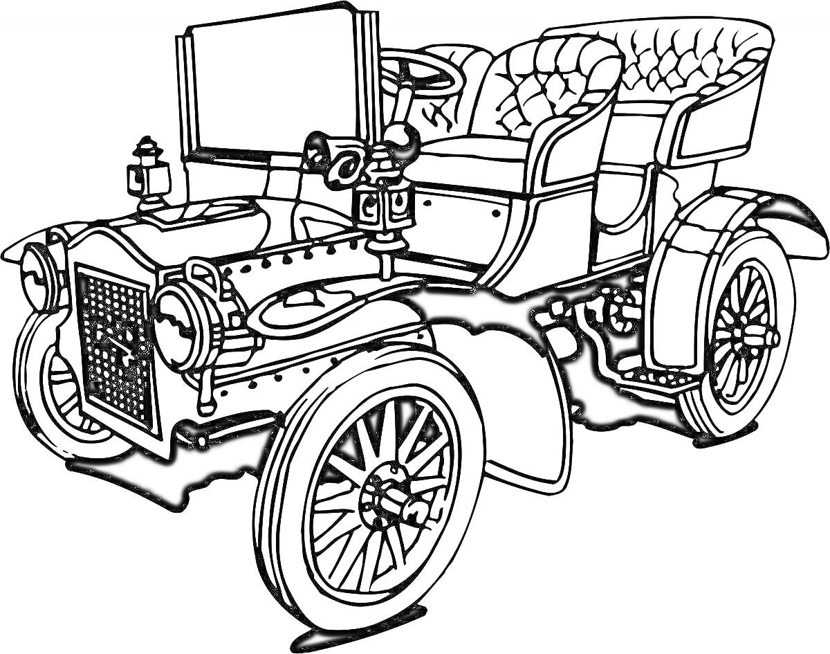 Раскраска Ретро автомобиль с открытым верхом, классический дизайн, детализированные колеса, фары и сиденья.
