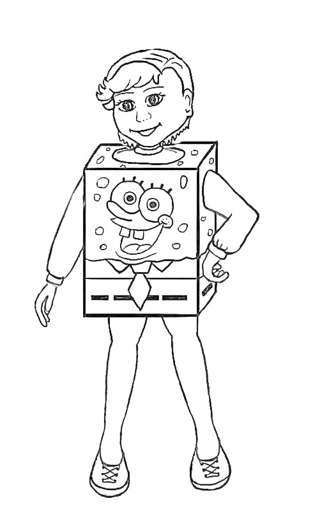 Костюм Спанч Боб. Ребёнок в костюме персонажа мультфильма Спанч Боб с тематическими деталями: квадратный костюм с изображением лица Спанч Боба, руки и ноги ребёнка вне костюма, кроссовки.