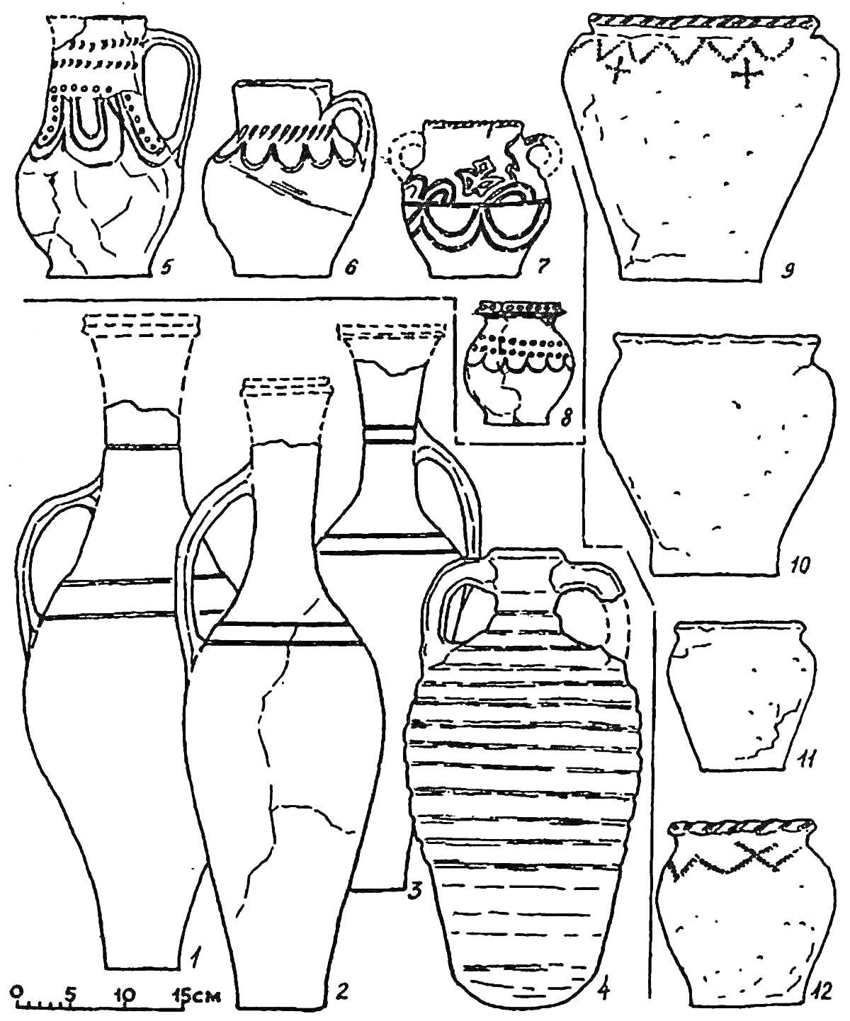 Раскраска Раскраска с изображением различных археологических сосудов, включая амфоры, кувшины и вазы с декоративными и простыми мотивами
