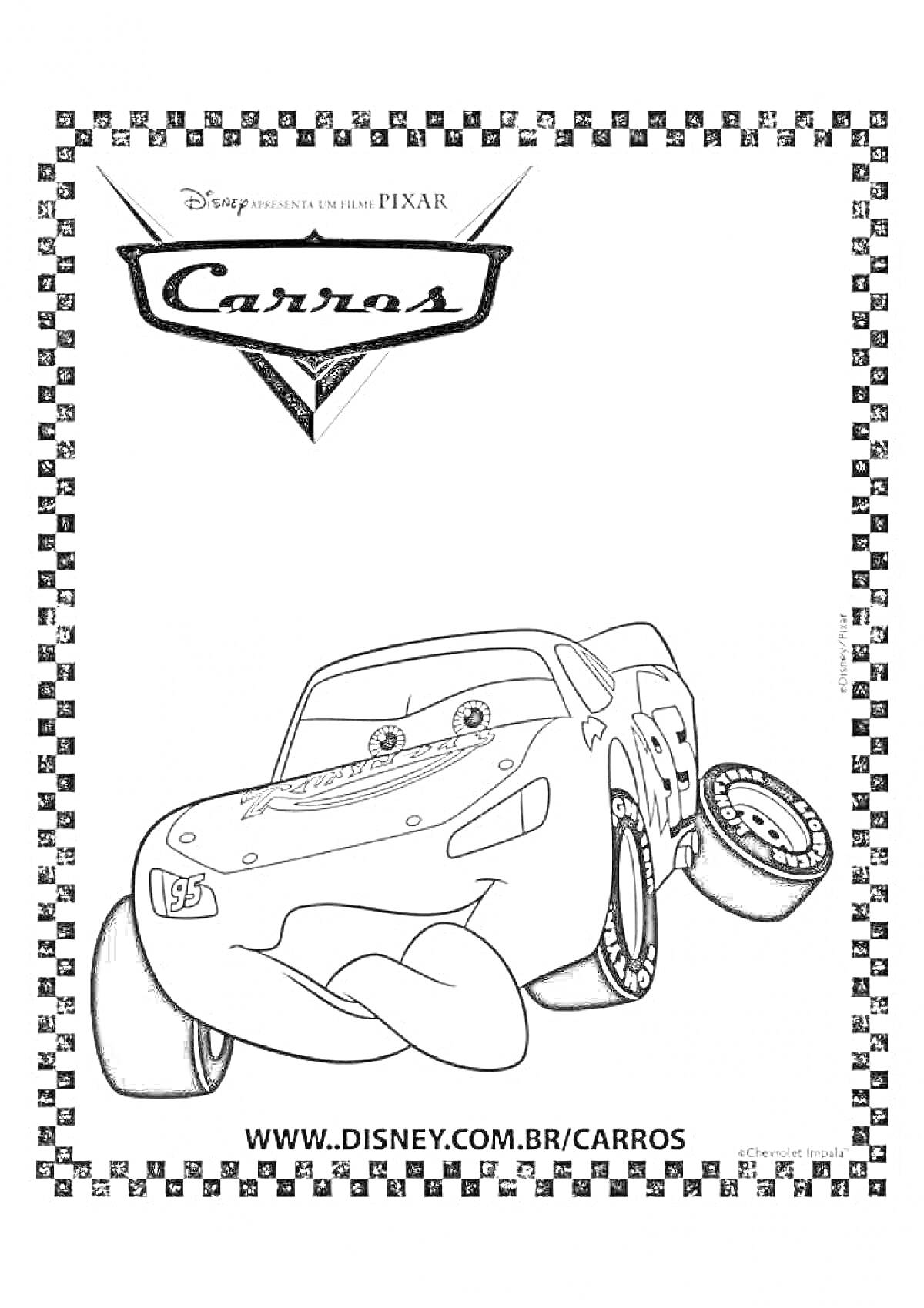 Раскраска Раскраска с тачкой, на которой изображена машинка с глазками, перед любым фоном, в рамке с черно-белыми клетками, с логотипом 
