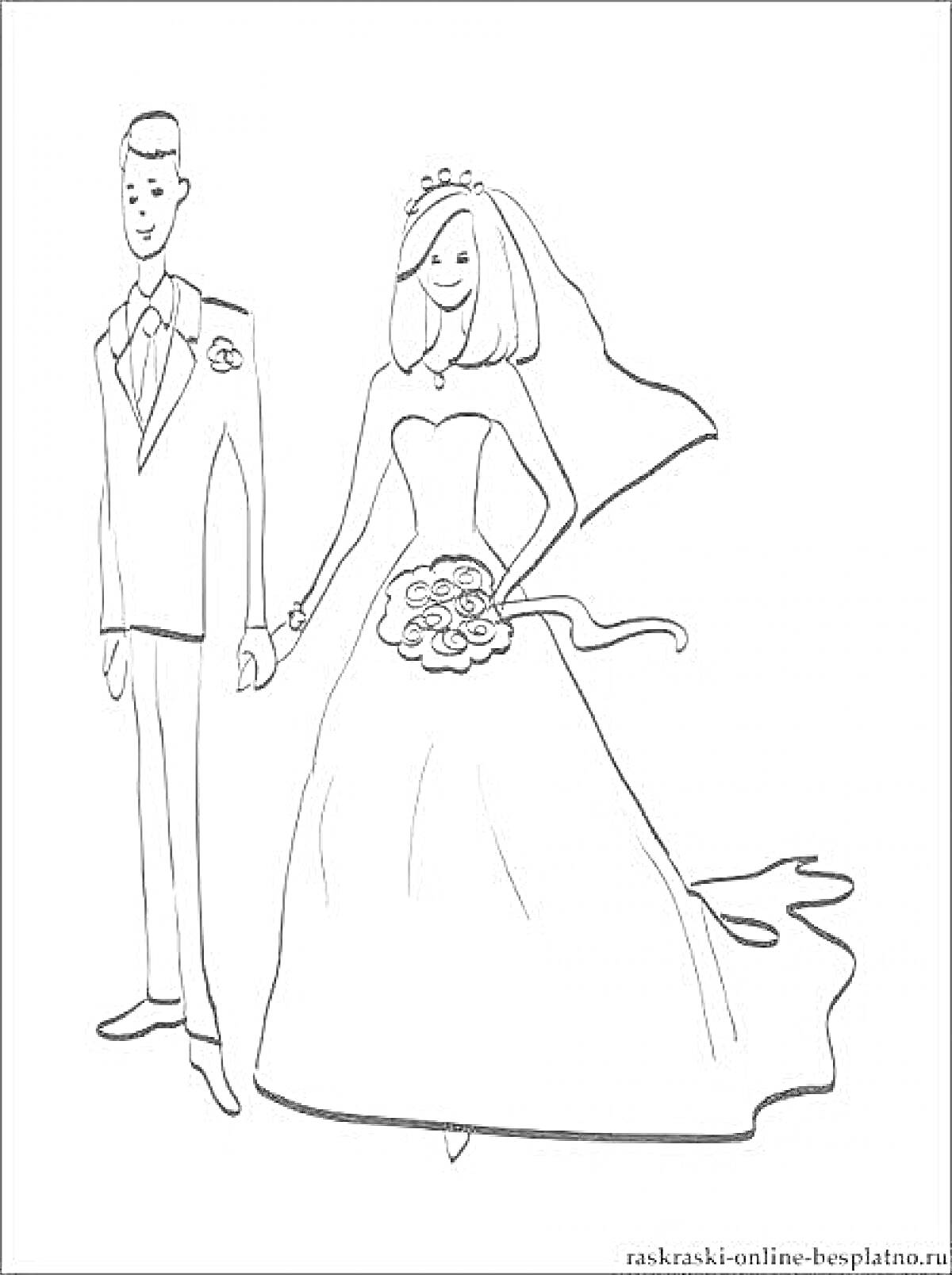 На раскраске изображено: Жена, Жених, Невеста, Свадьба, Свадебное платье, Костюм