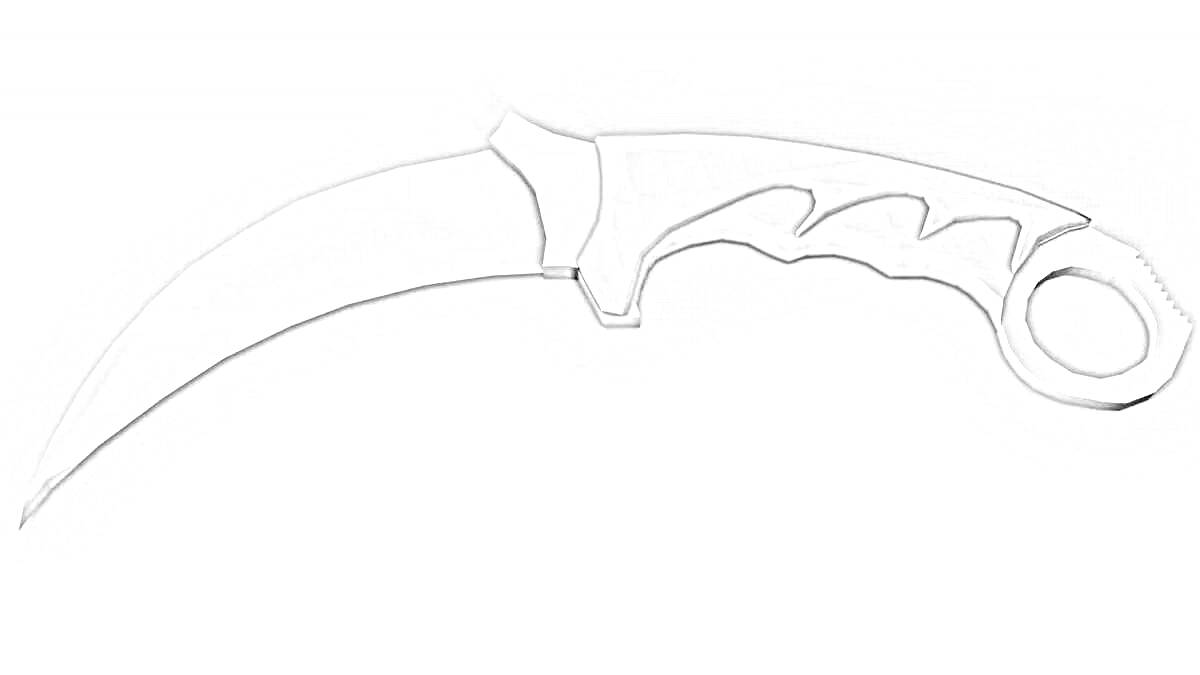 Раскраска Нож керамбит с изогнутым лезвием и эргономичной рукоятью с отверстиями для пальцев