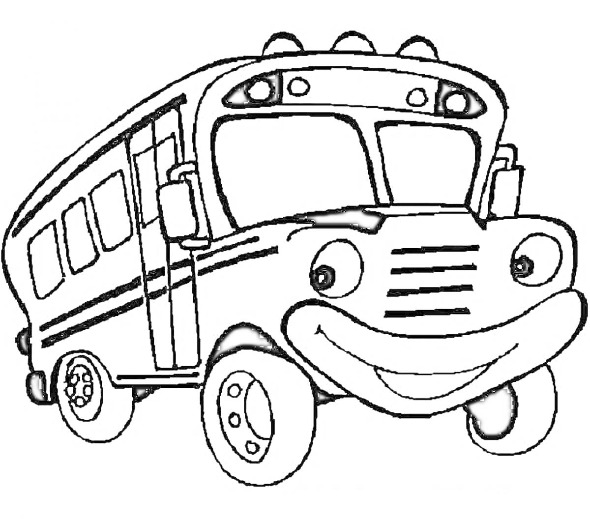 Раскраска Улыбающийся автобус с большими глазами и пятью окнами