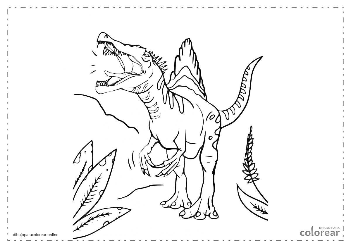 Раскраска Динозавр стоящий среди растений с открытой пастью