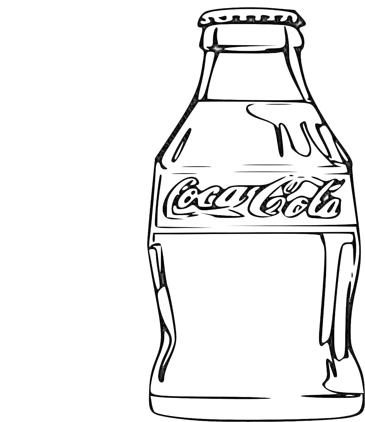 На раскраске изображено: Бутылка, Кока-кола, Напиток, Без цвета, Контурные рисунки