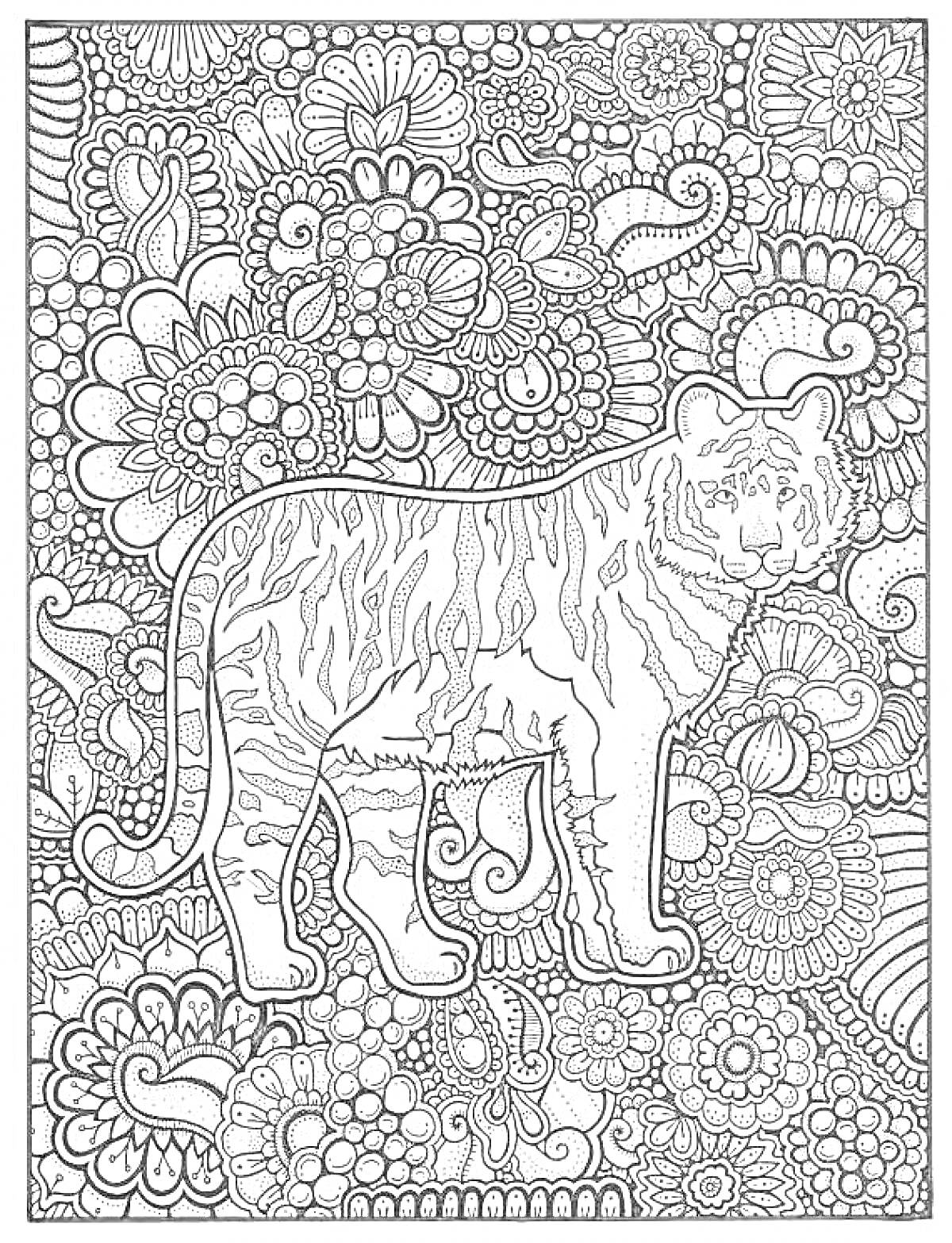 Раскраска Тигр на фоне цветов и узоров