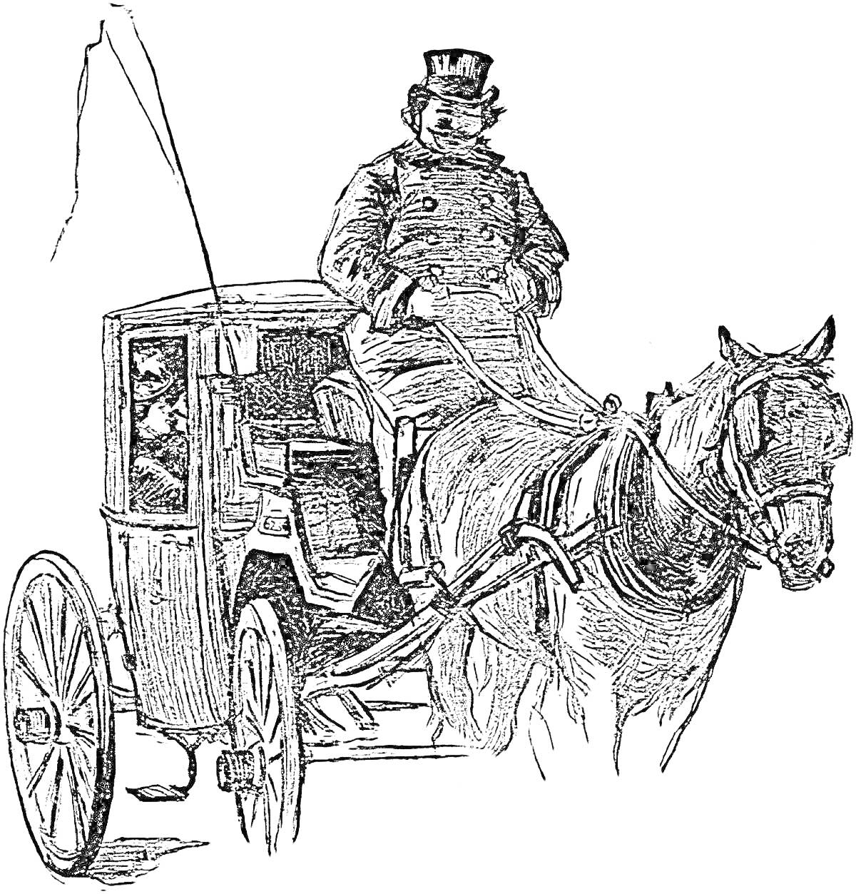 Раскраска Фигура кучера в пальто и цилиндре, управляемая лошадью, в повозке пассажир