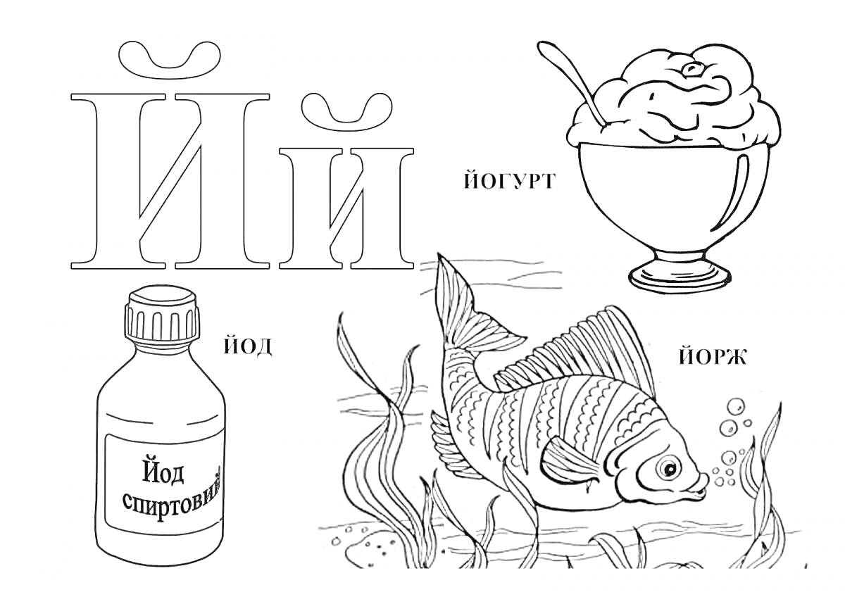 Раскраска Буква Й, йод, йогурт, йорж