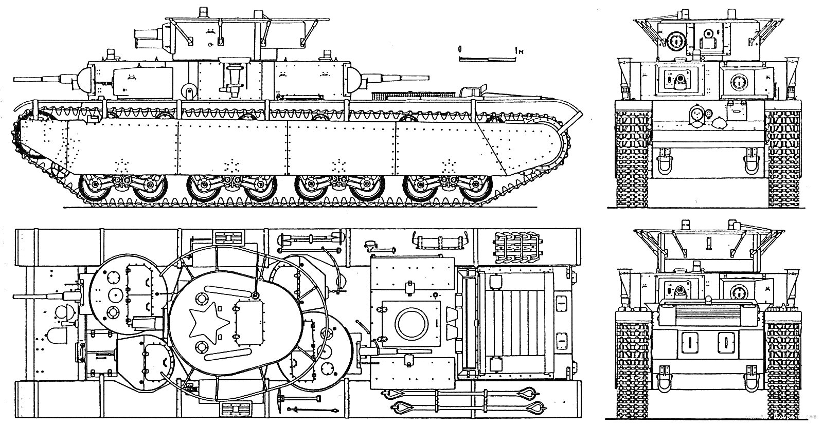 Раскраска Черно-белая схема танка БТ-7 с изображением вид спереди, вид сбоку, вид сверху и вид сзади