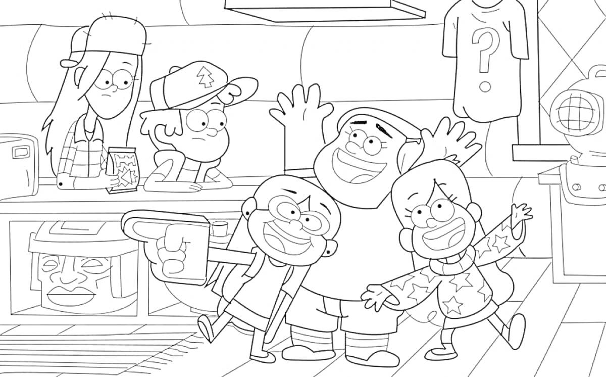 Персонажи из мультсериала, стоящие в магазине, среди них мальчик в кепке с эмблемой елочки, девочка с повязкой на голове и свитером со звездой, мальчик в кепке с пикирующим самолетом и человек в лохматой шапке.