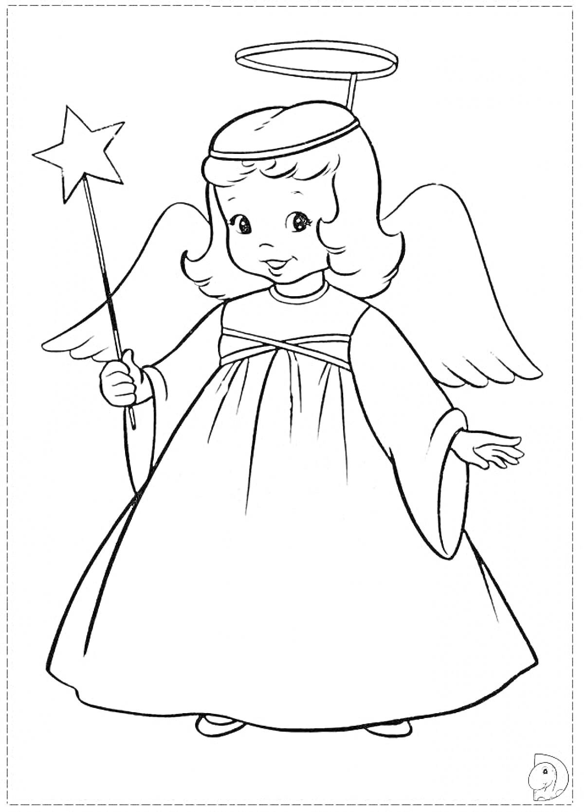 Раскраска Ангел с крыльями и звездной палочкой