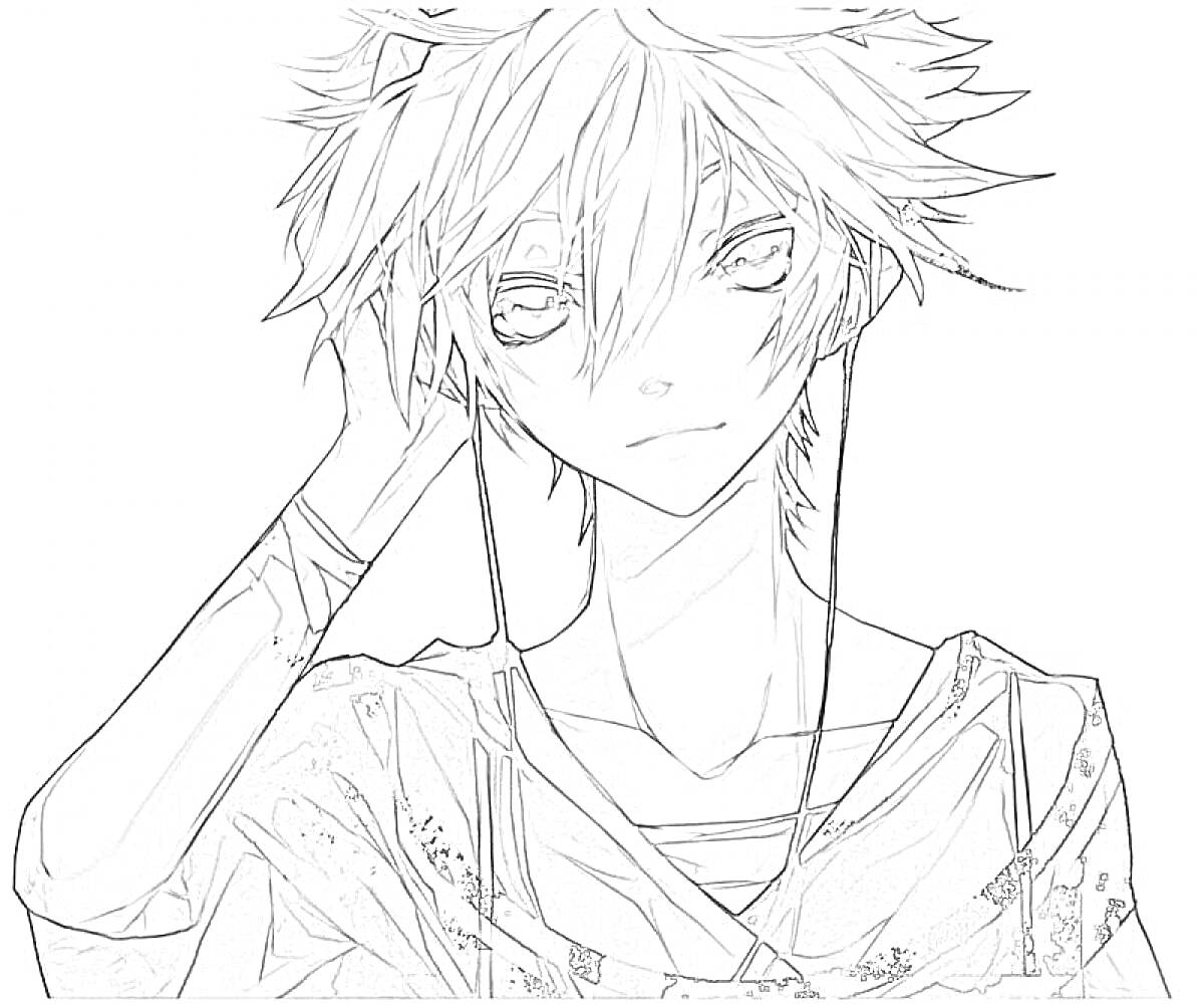 Раскраска Аниме парень с растрёпанными волосами и наушниками, одет в рубашку с узором