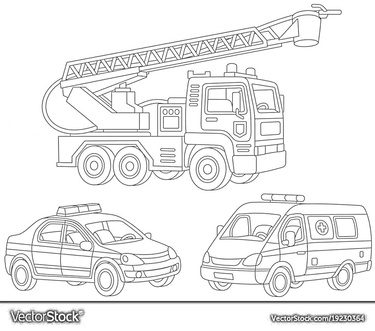 Раскраска Пожарная машина с лестницей, полицейская машина, машина скорой помощи