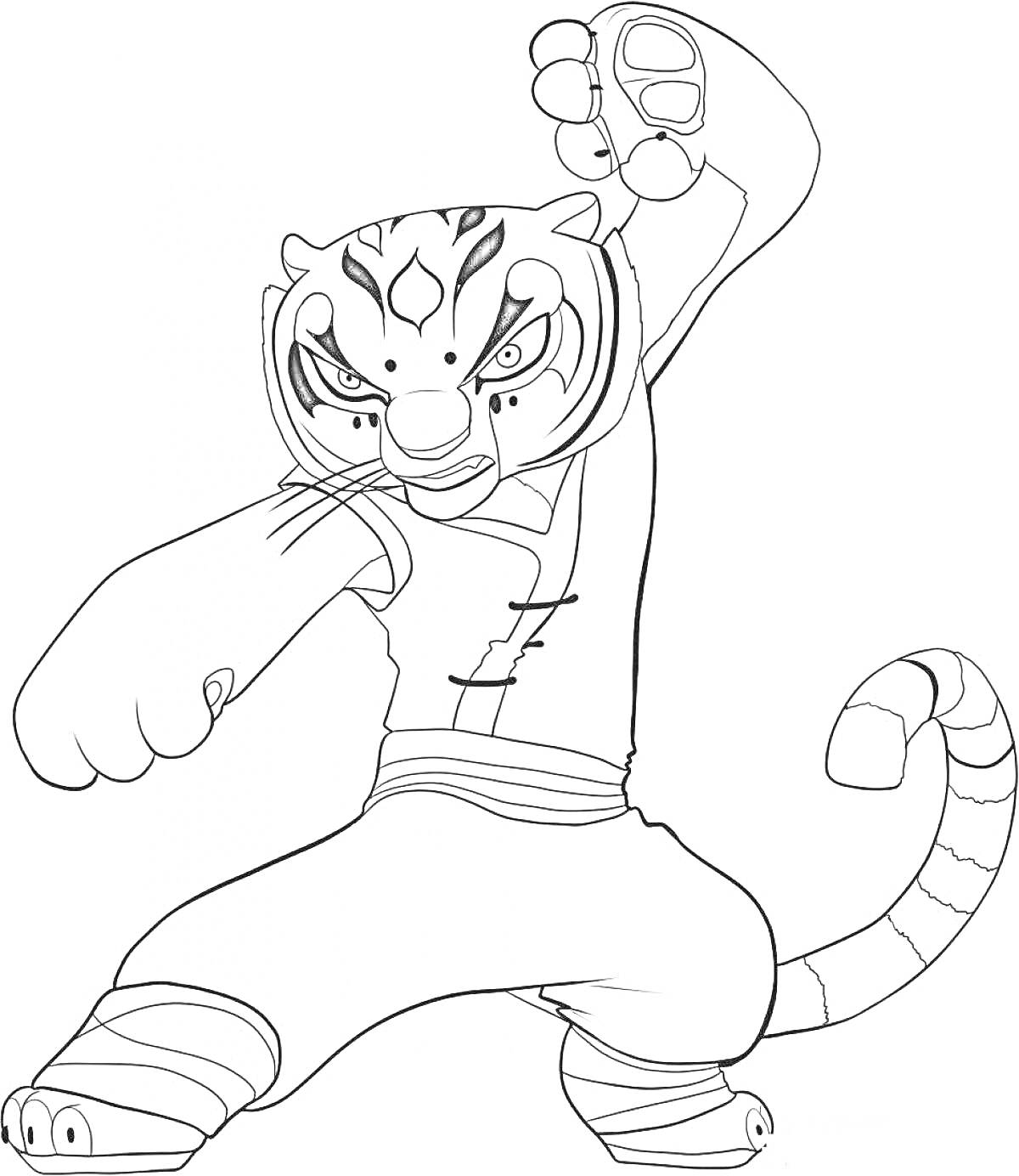 Тигр из Гуджитсу в боевой позе с поднятым кулаком и полосатым хвостом