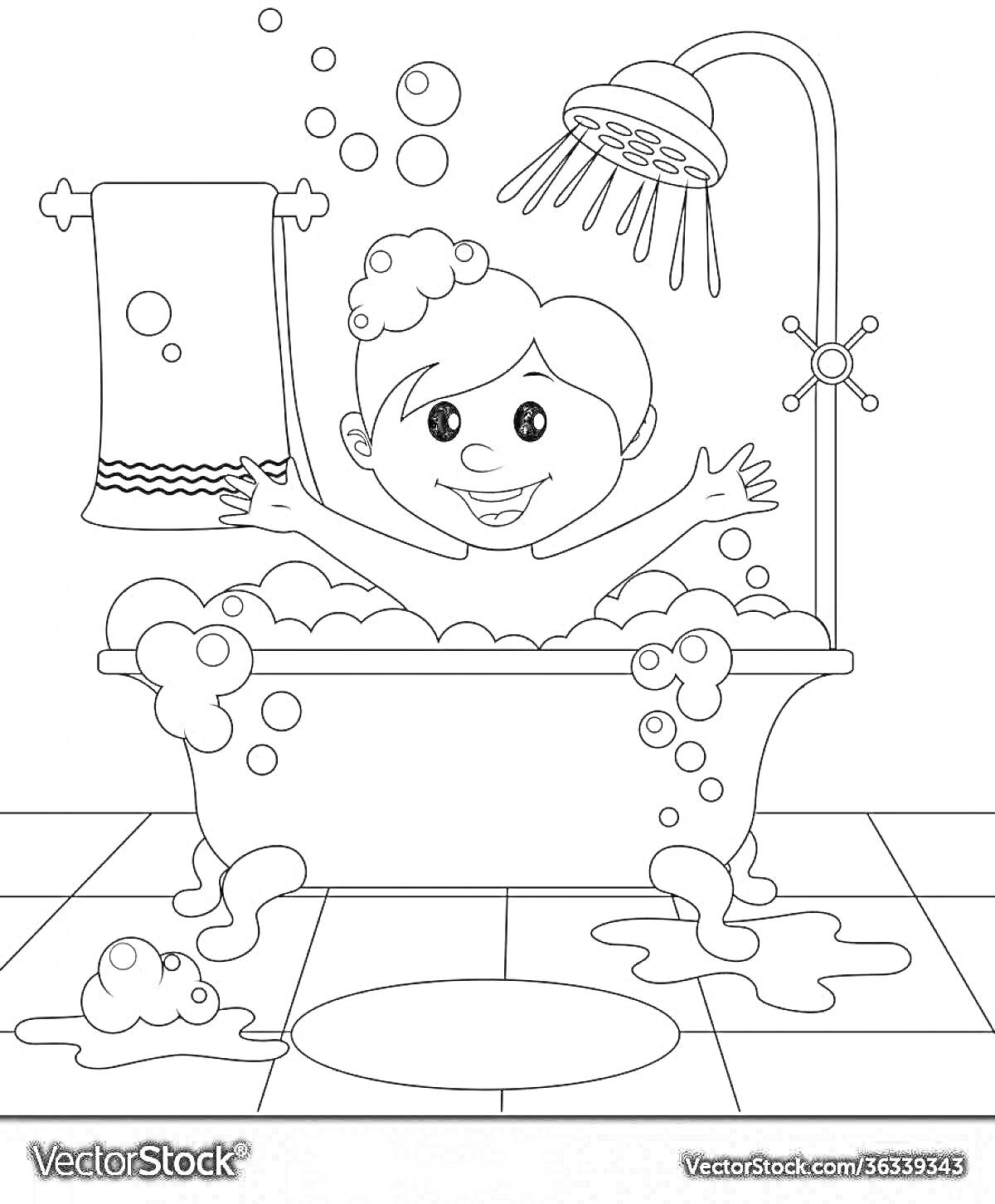 На раскраске изображено: Ванна, Ребенок, Душ, Мыльная пена, Полотенце, Пол, Вода, Мыльные пузыри