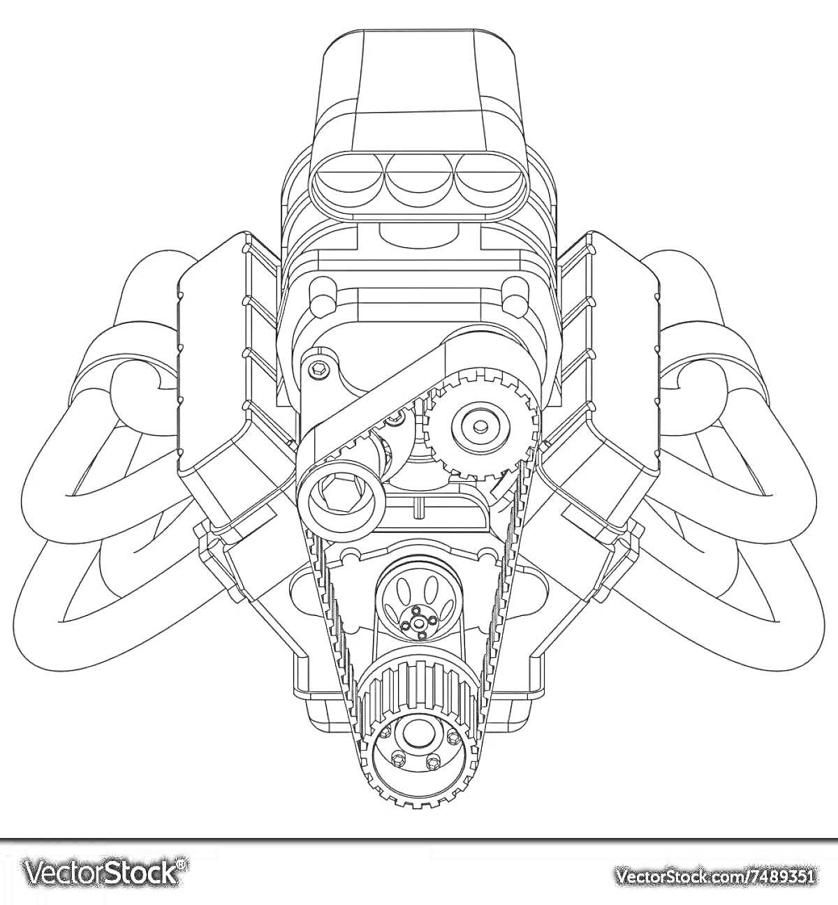 Раскраска Схематическое изображение автомобильного двигателя с ремнями, шестернями и трубками