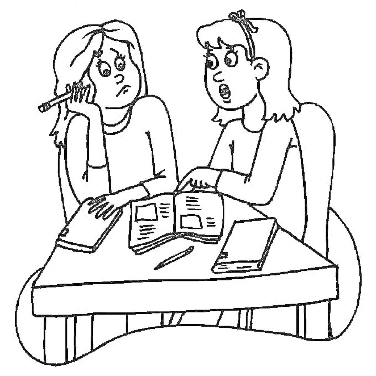 Раскраска Две девочки за столом, обсуждающие книгу и тетради