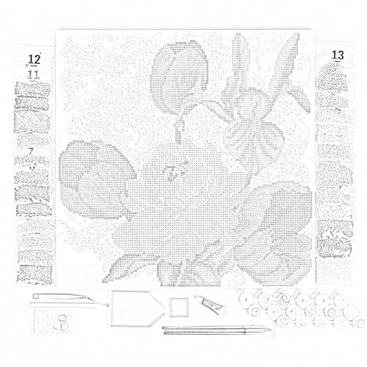 Раскраска Комплект для создания алмазной мозаики с изображением крупного цветка и бутонов, окруженных листьями; комплект включает в себя холст с нанесенным изображением, инструменты для выкладки (пинцет, стилус, лоток), а также пронумерованные контейнеры с цветными