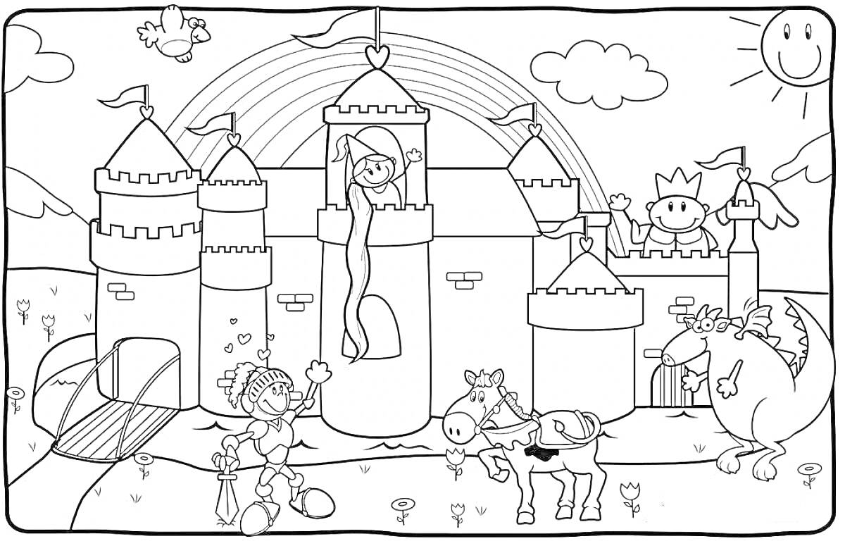 Раскраска Замок принцессы с радугой, принцессой в башне, рыцарем, конём и королём на дракончике