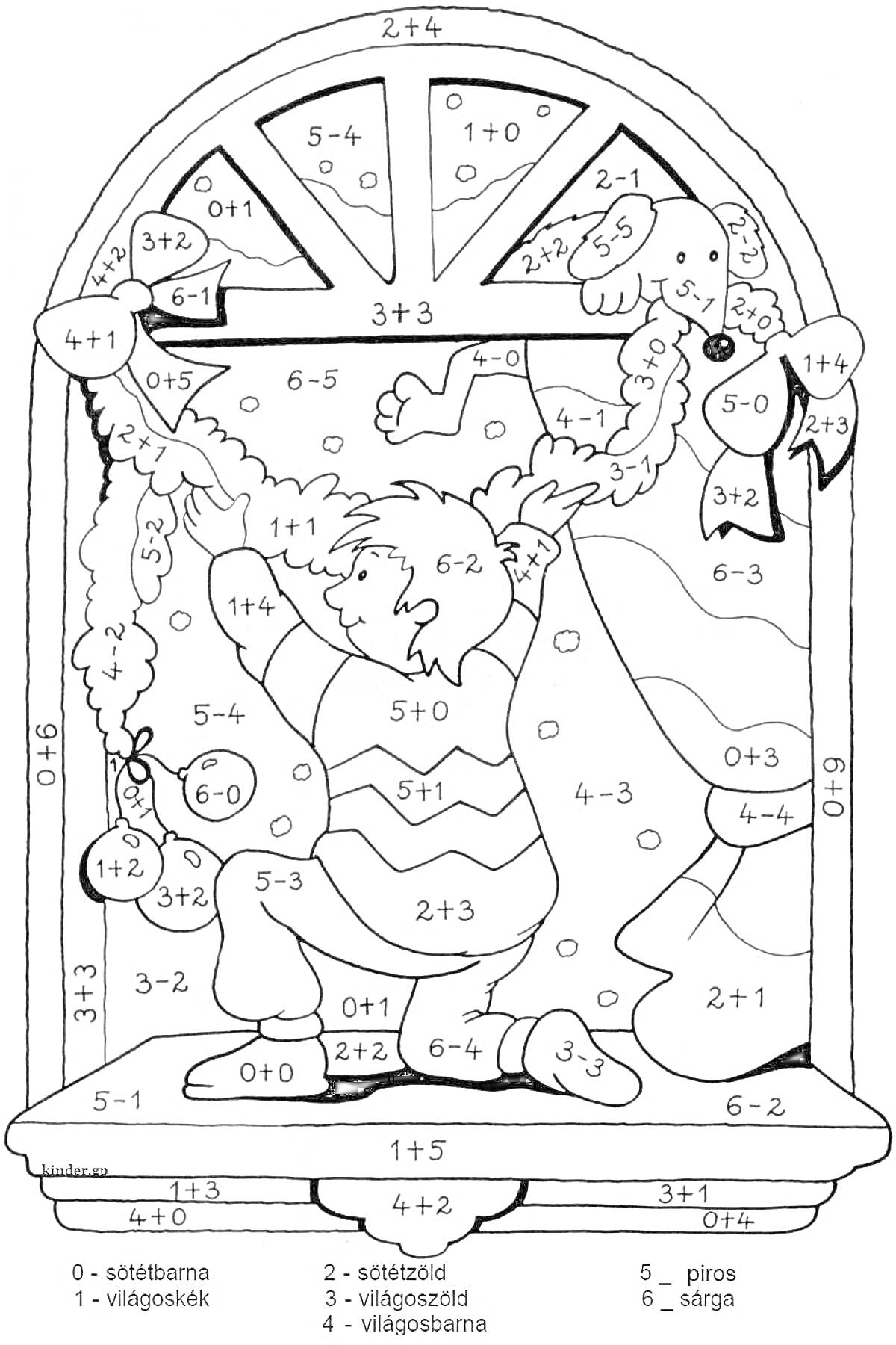 Раскраска Ребенок украшает окно гирляндой под Новый год, математические уравнения на элементах раскраски
