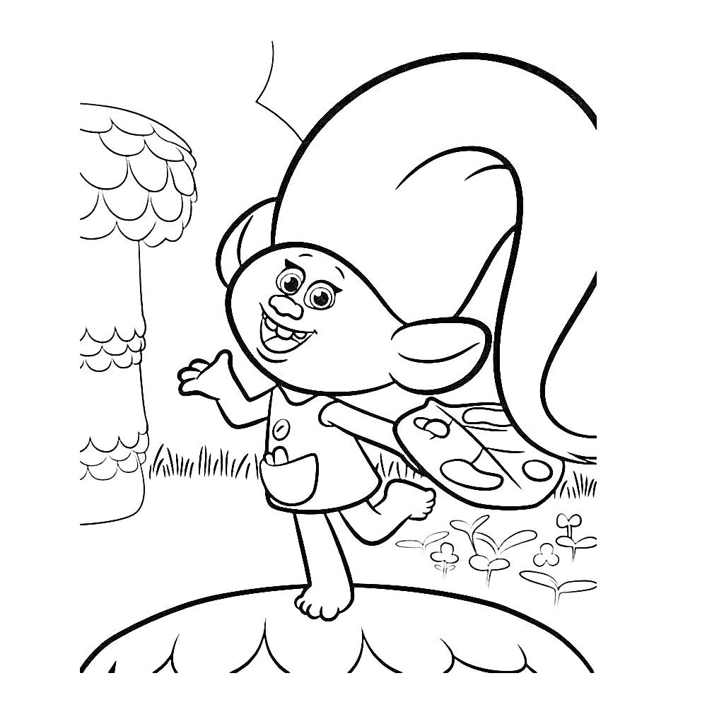 Раскраска Тролль с большими ушами и высокой шапкой на фоне дерева и травы