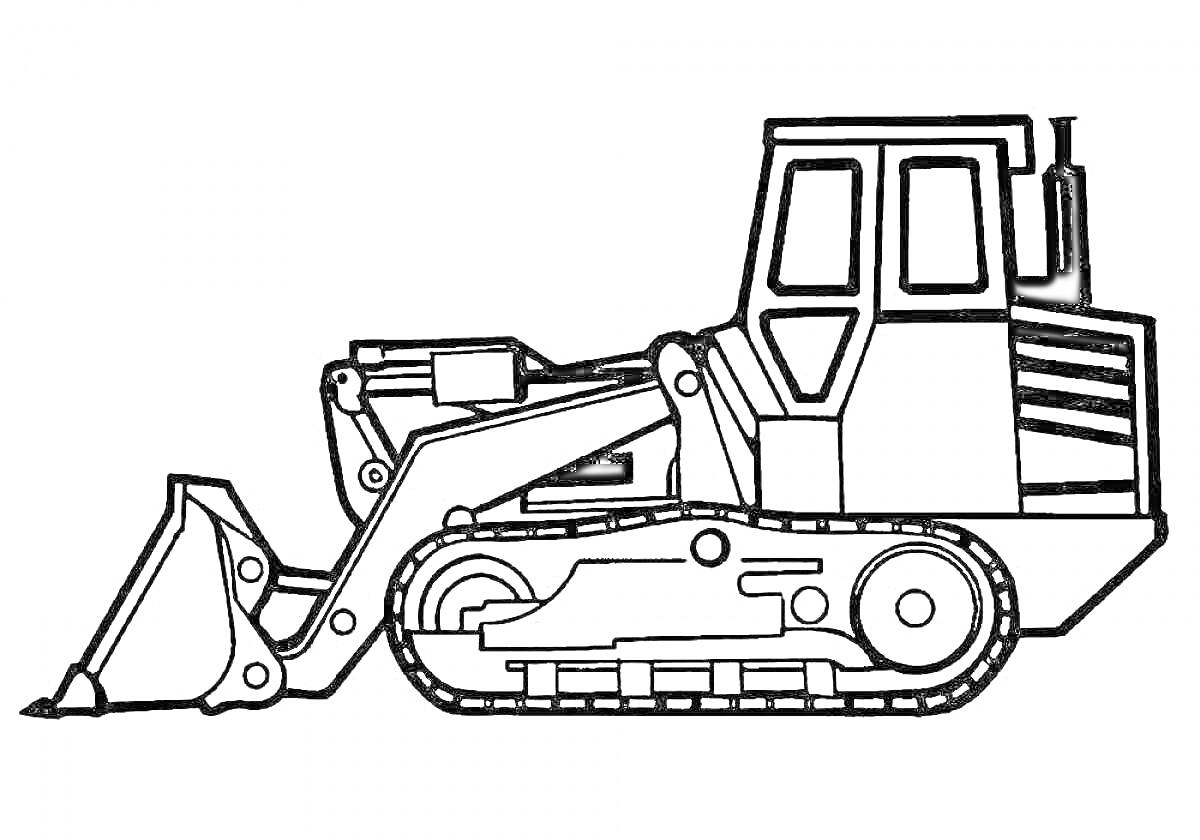 Раскраска Гусеничный трактор с ковшом и кабиной