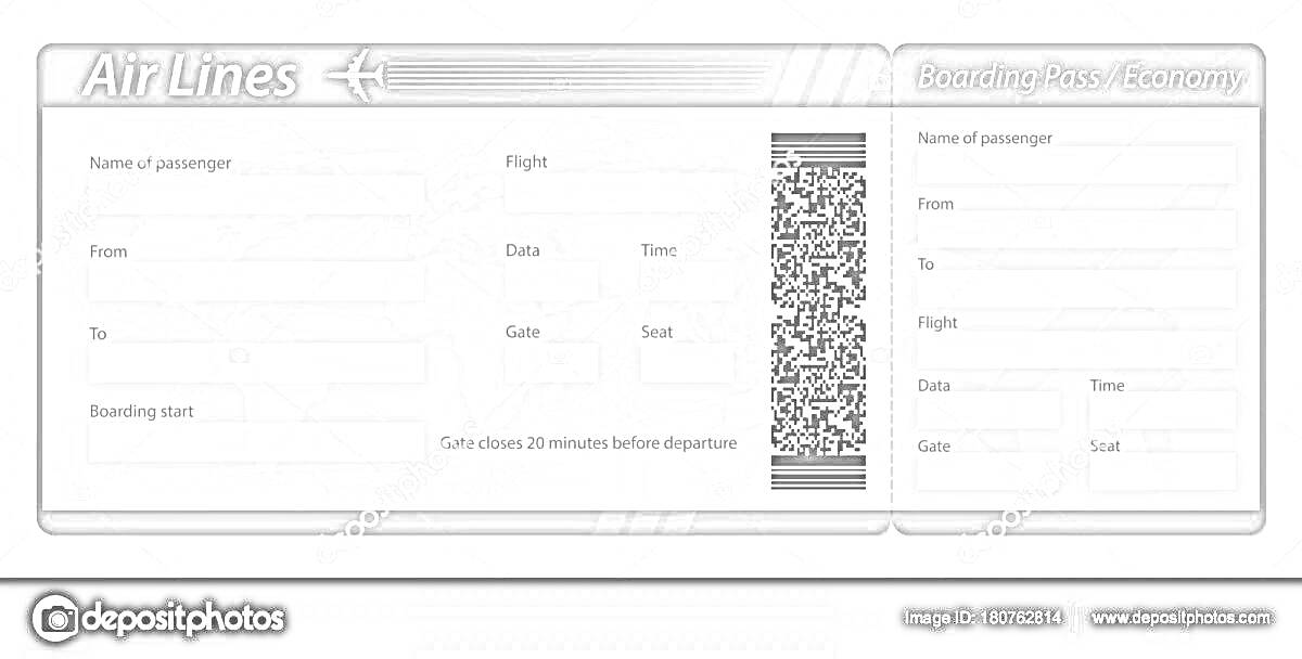 Раскраска авибилет на самолет со штрихкодом и текстовыми полями для заполнения информации о пассажире, рейсе, номере места и времени вылета