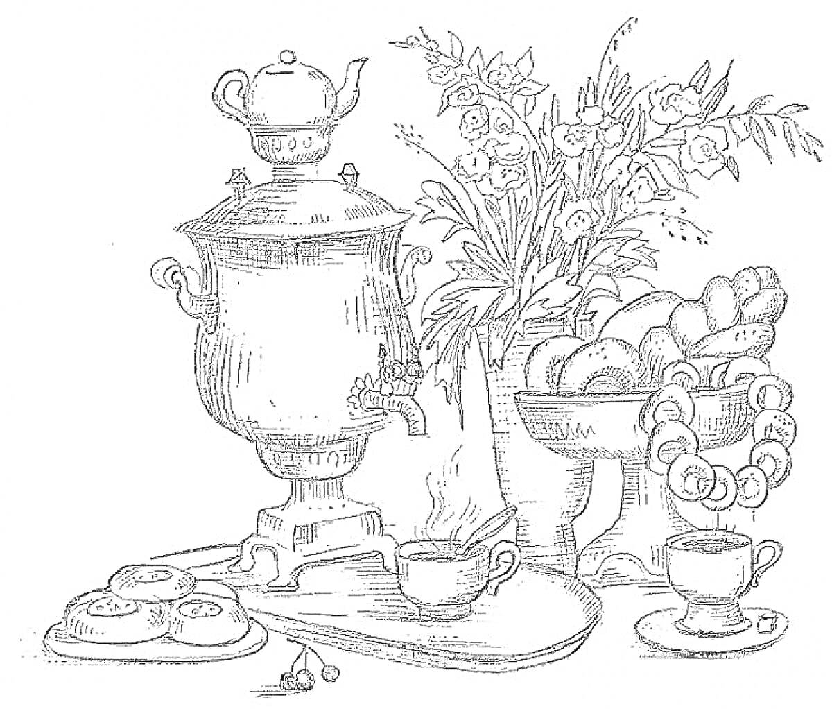 На раскраске изображено: Самовар, Чаепитие, Баранки, Ваза, Цветы