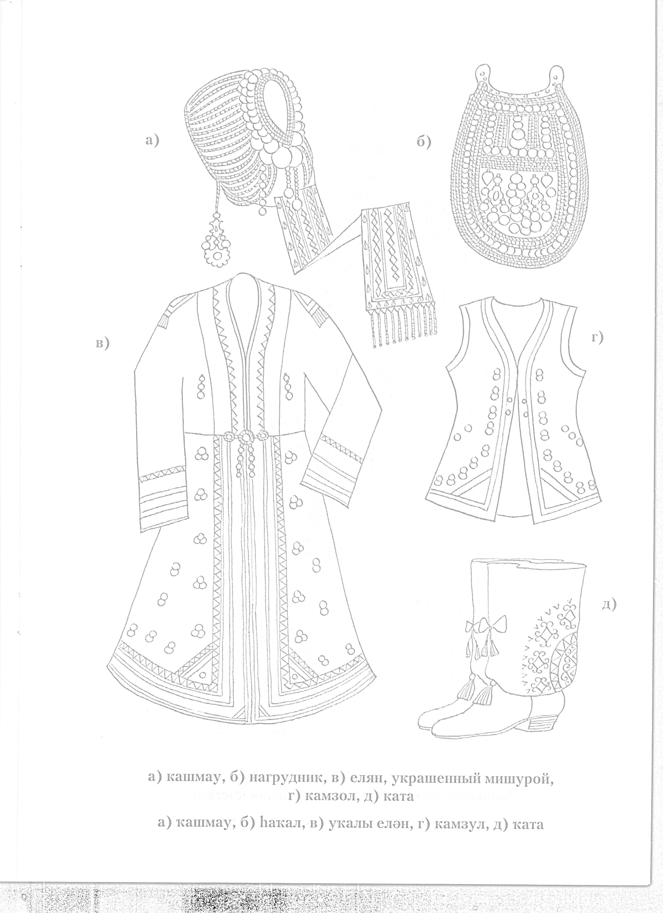 Раскраска Камзол с аксессуарами: головной убор, нарукавники, сумка, сапоги, жилет, камзол