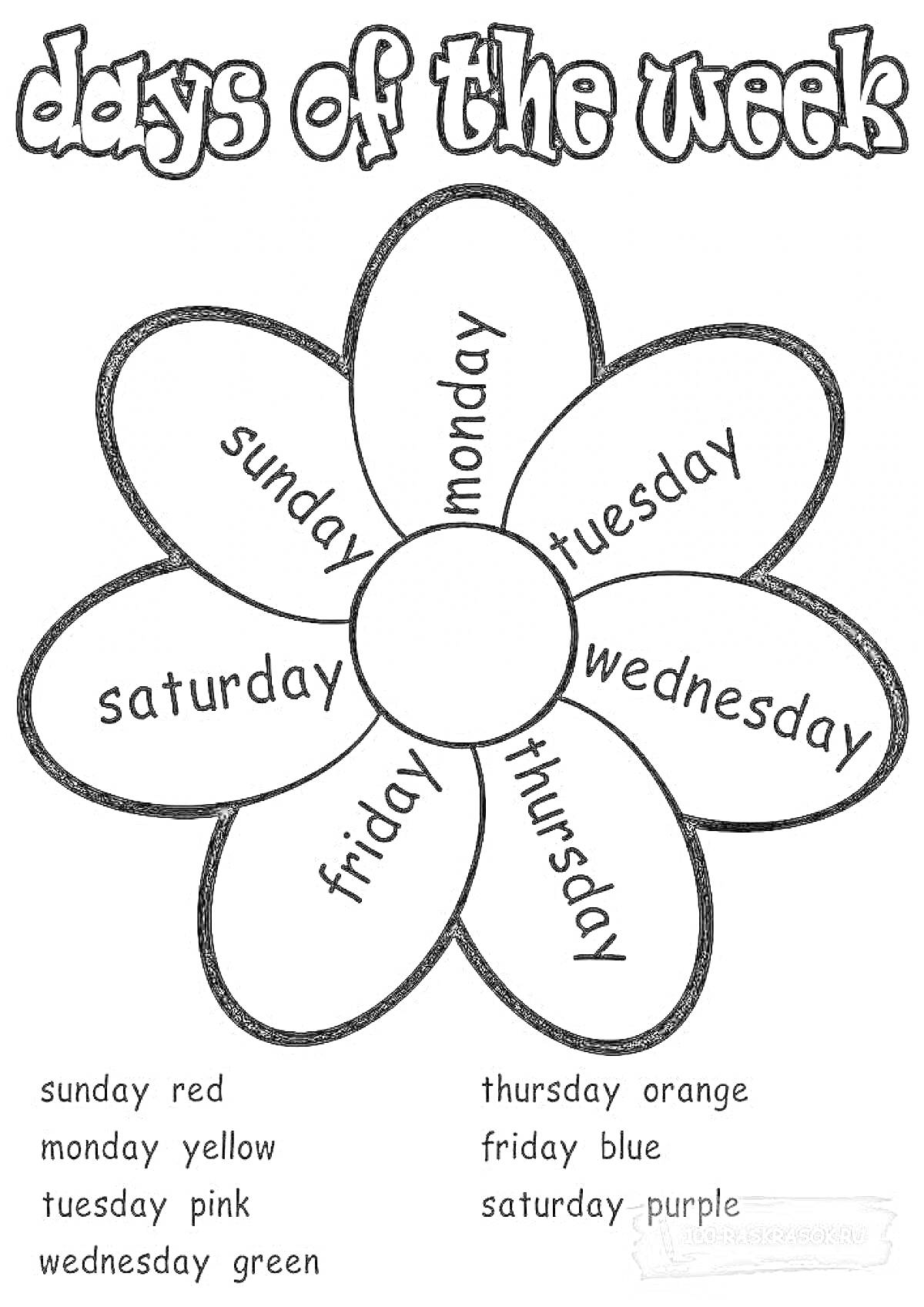 На раскраске изображено: Дни недели, Воскресенье, Понедельник, Вторник, Среда, Четверг, Пятница, Суббота, Цвета, Красный, Желтый, Розовый, Зеленый, Оранжевый, Синий, Фиолетовый, Цветы