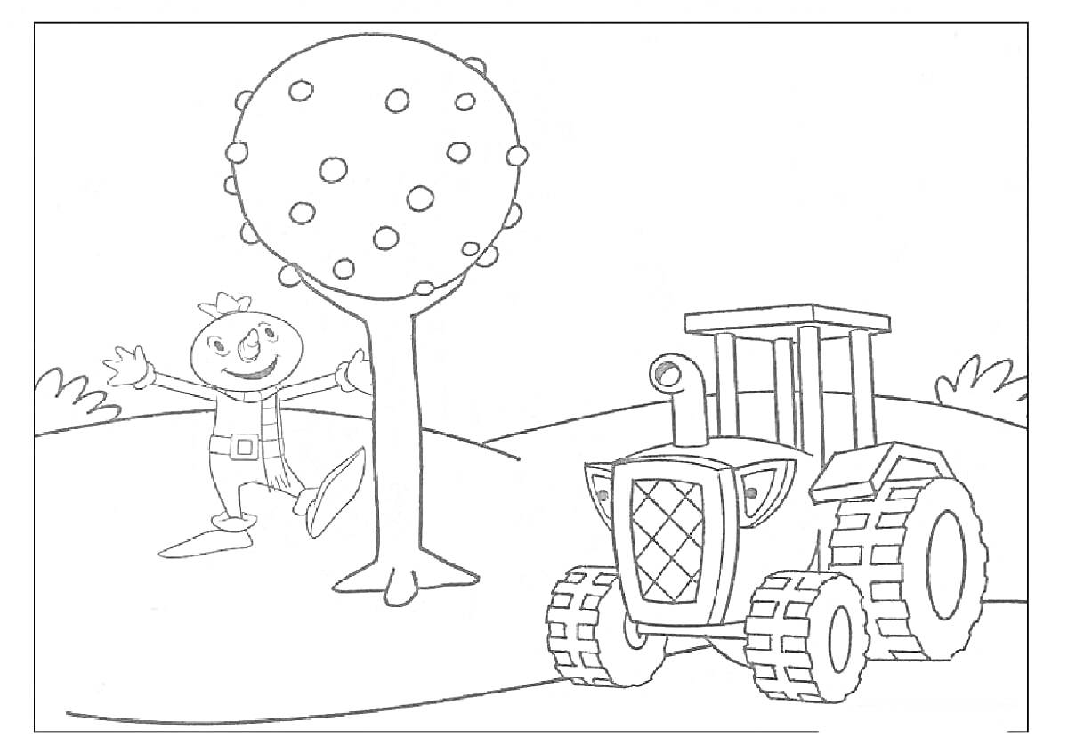 Боб строитель с деревом и трактором на поле