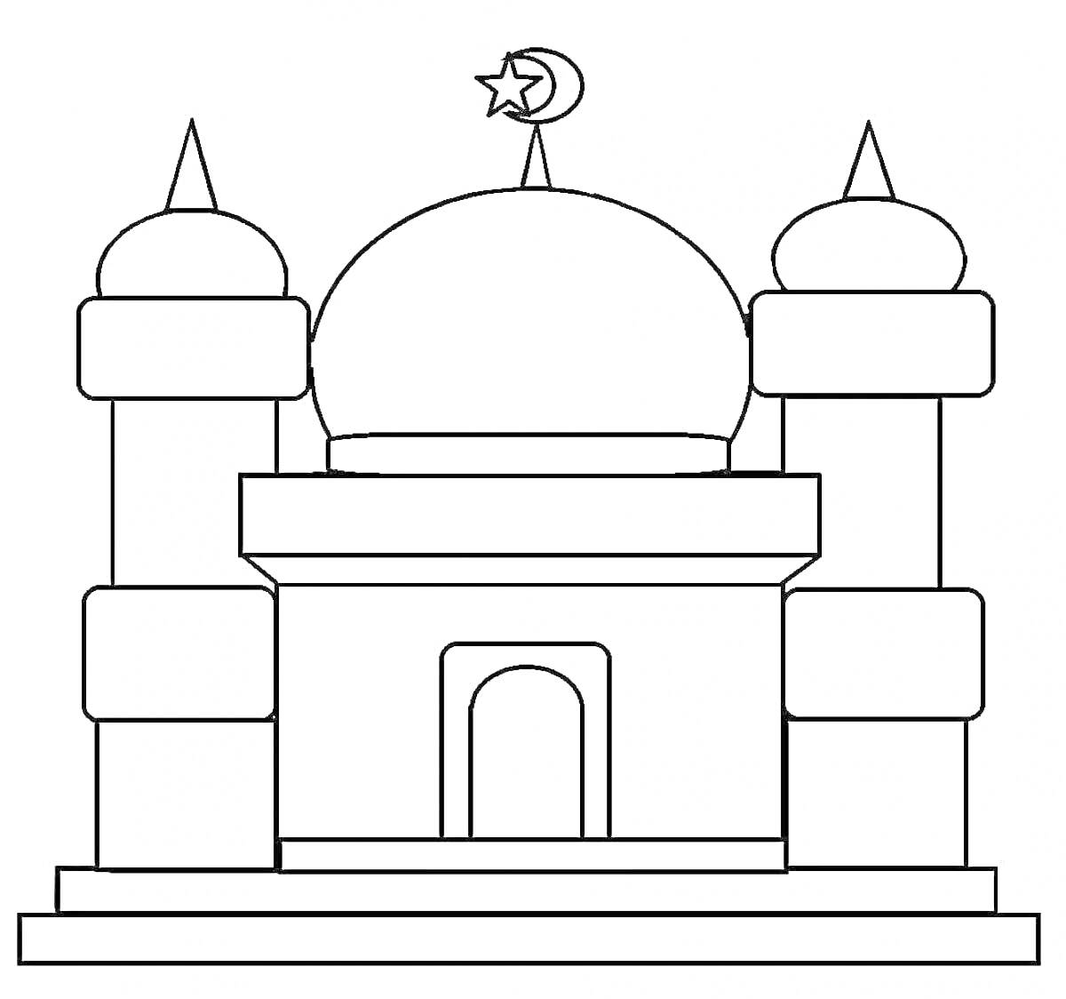 Раскраска Раскраска мечети с куполом, двумя минаретами и звездой с полумесяцем на вершине