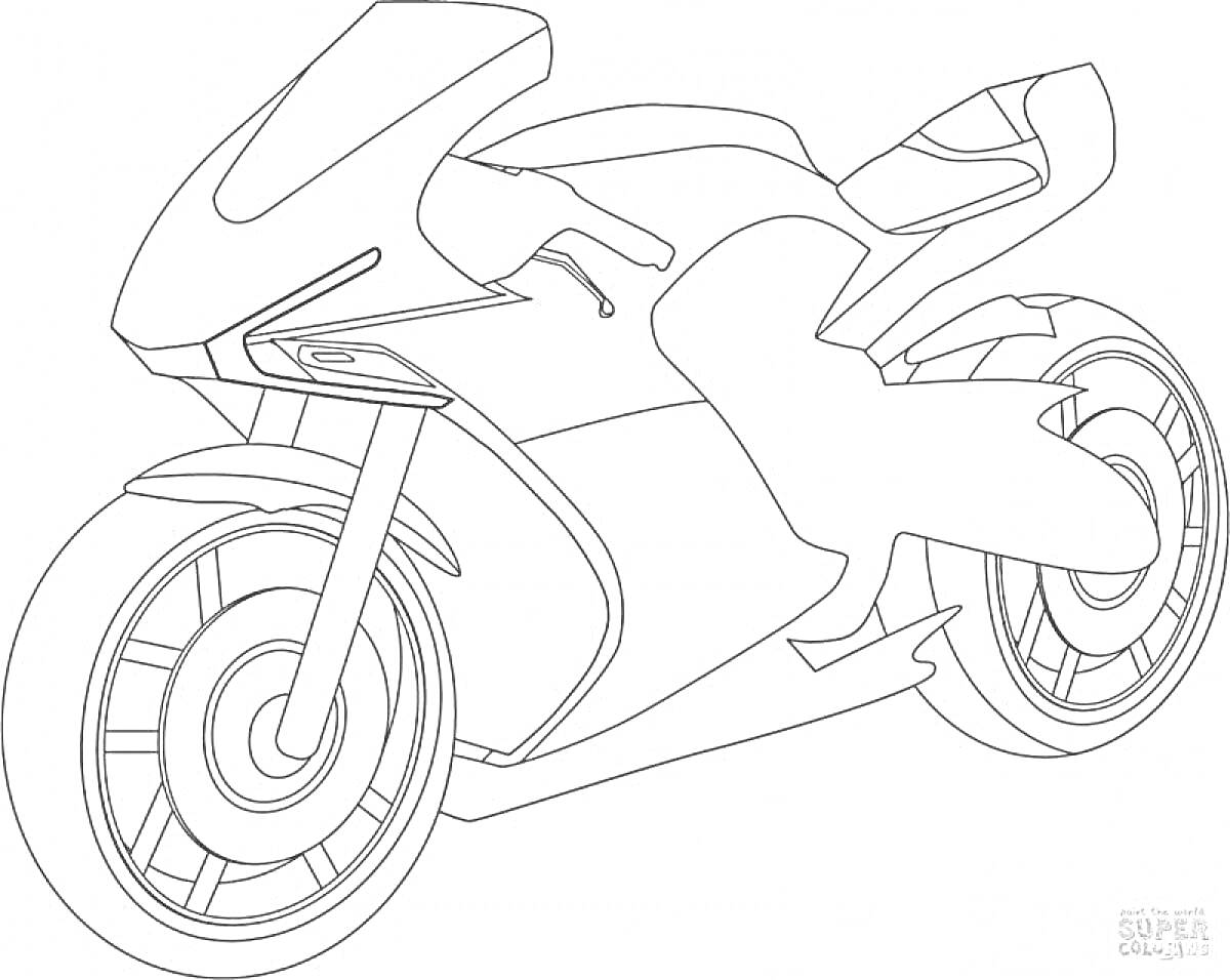 На раскраске изображено: Мотоцикл, Колеса, Руль, Транспорт, Линии, Контурные рисунки, Сидение