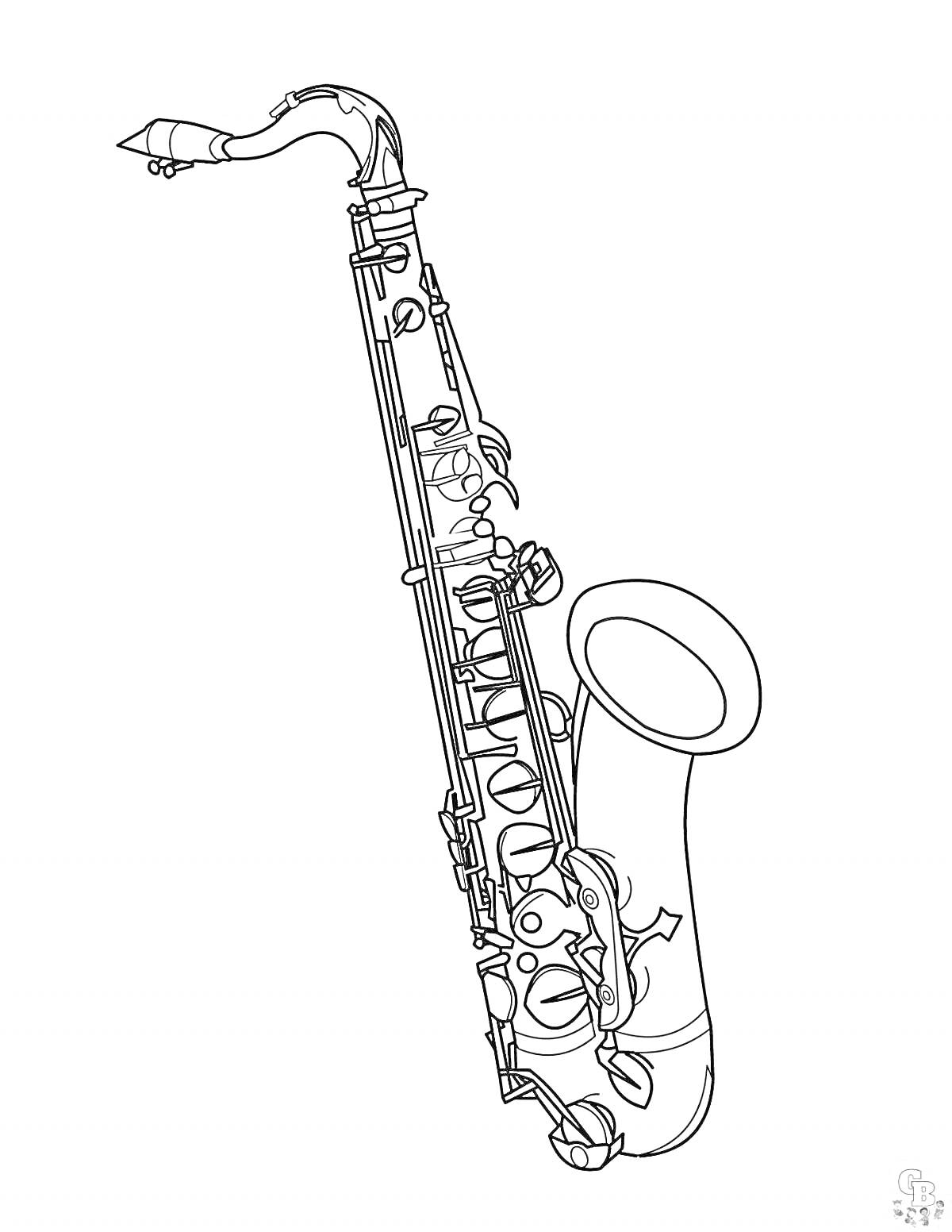 На раскраске изображено: Саксофон, Музыкальные инструменты, Музыка, Инструмент, Для детей