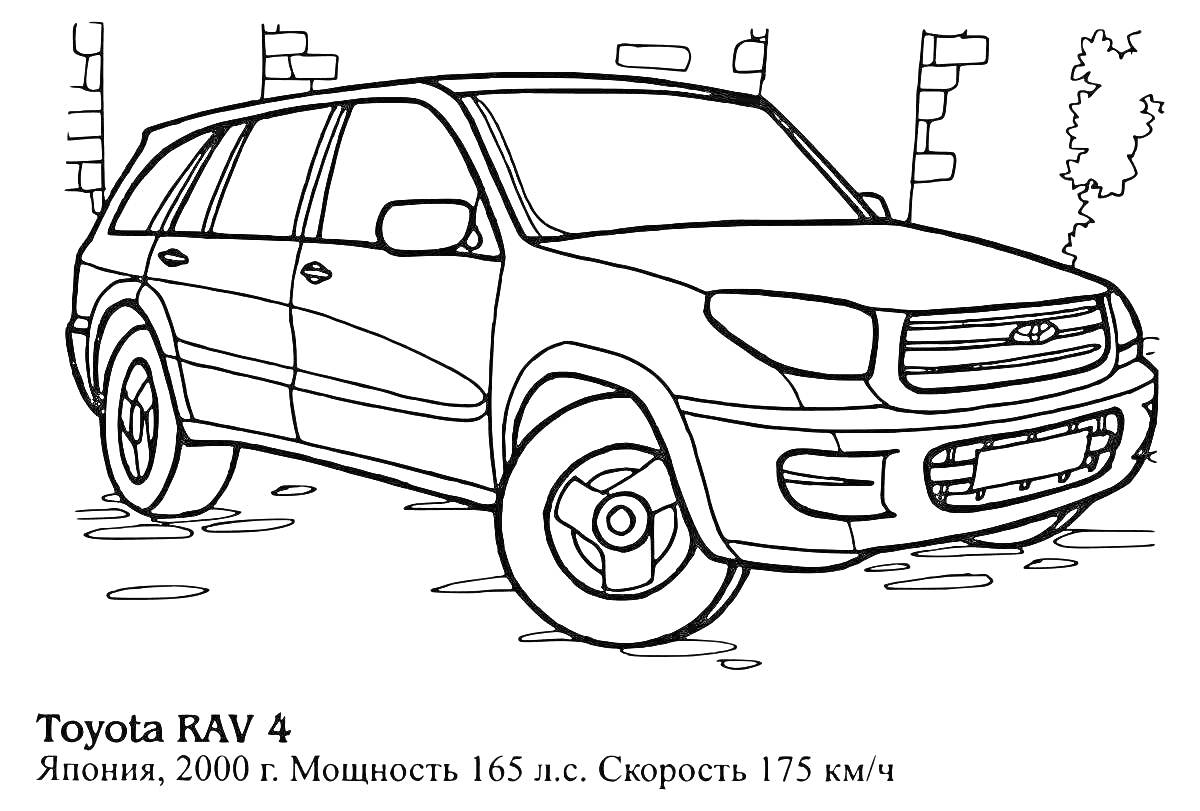 Раскраска Toyota RAV 4 с деревьями и частично разрушенной кирпичной стеной на заднем плане