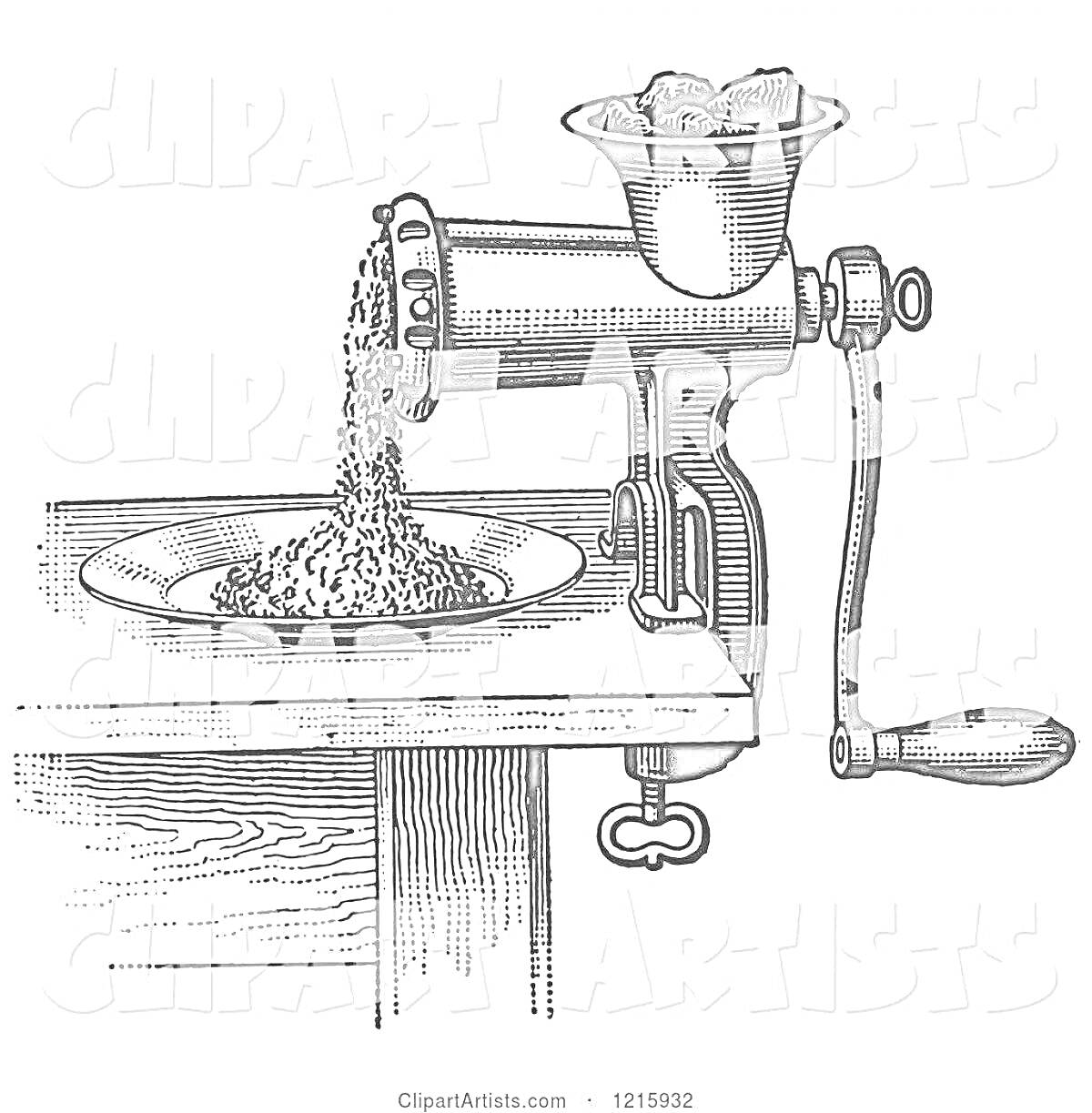 Раскраска Мясорубка с ручкой, прикрепленная к столу, с мясом в чаше и фаршем, выходящим на тарелку