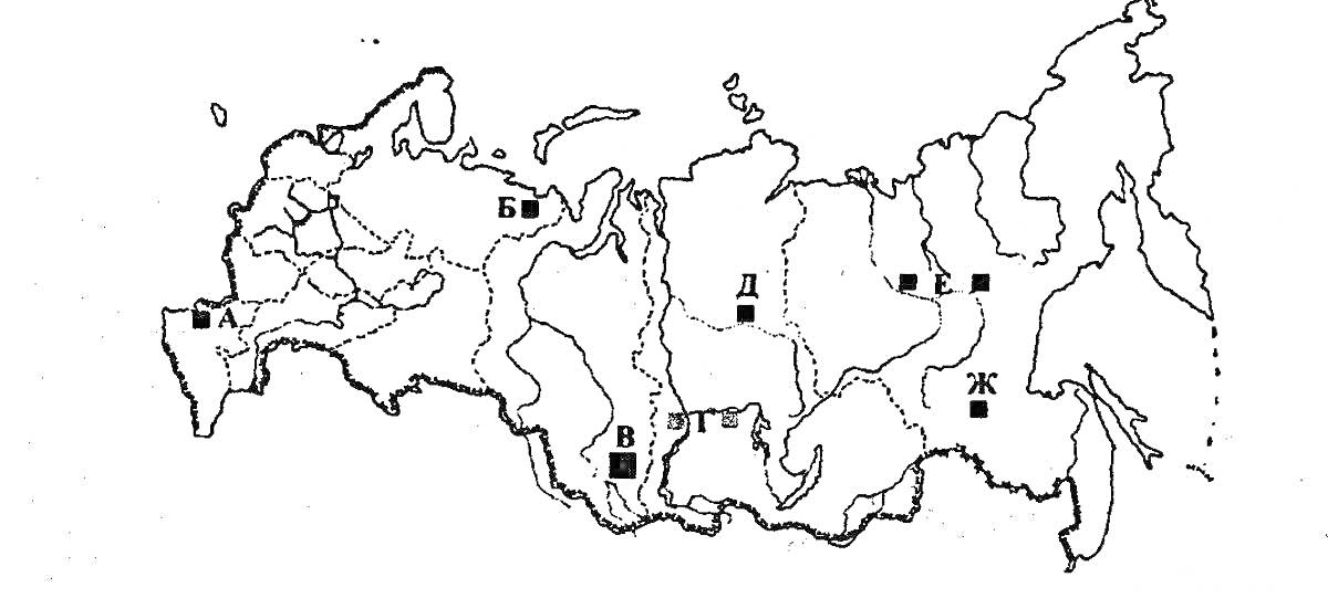 Раскраска Карта природных зон России с обозначениями местности буквами