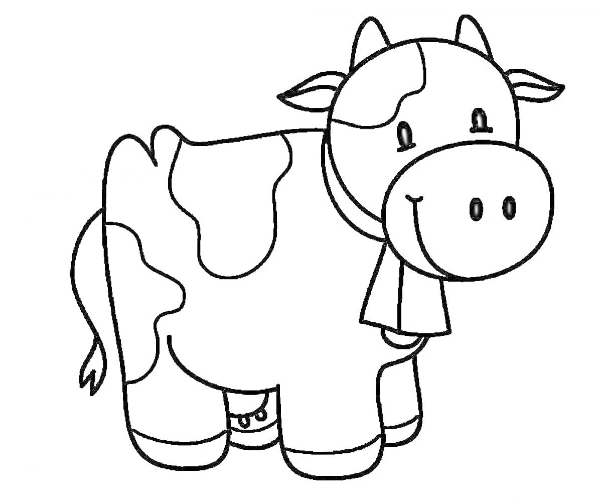 Раскраска корова с колокольчиком на шее и белыми пятнами