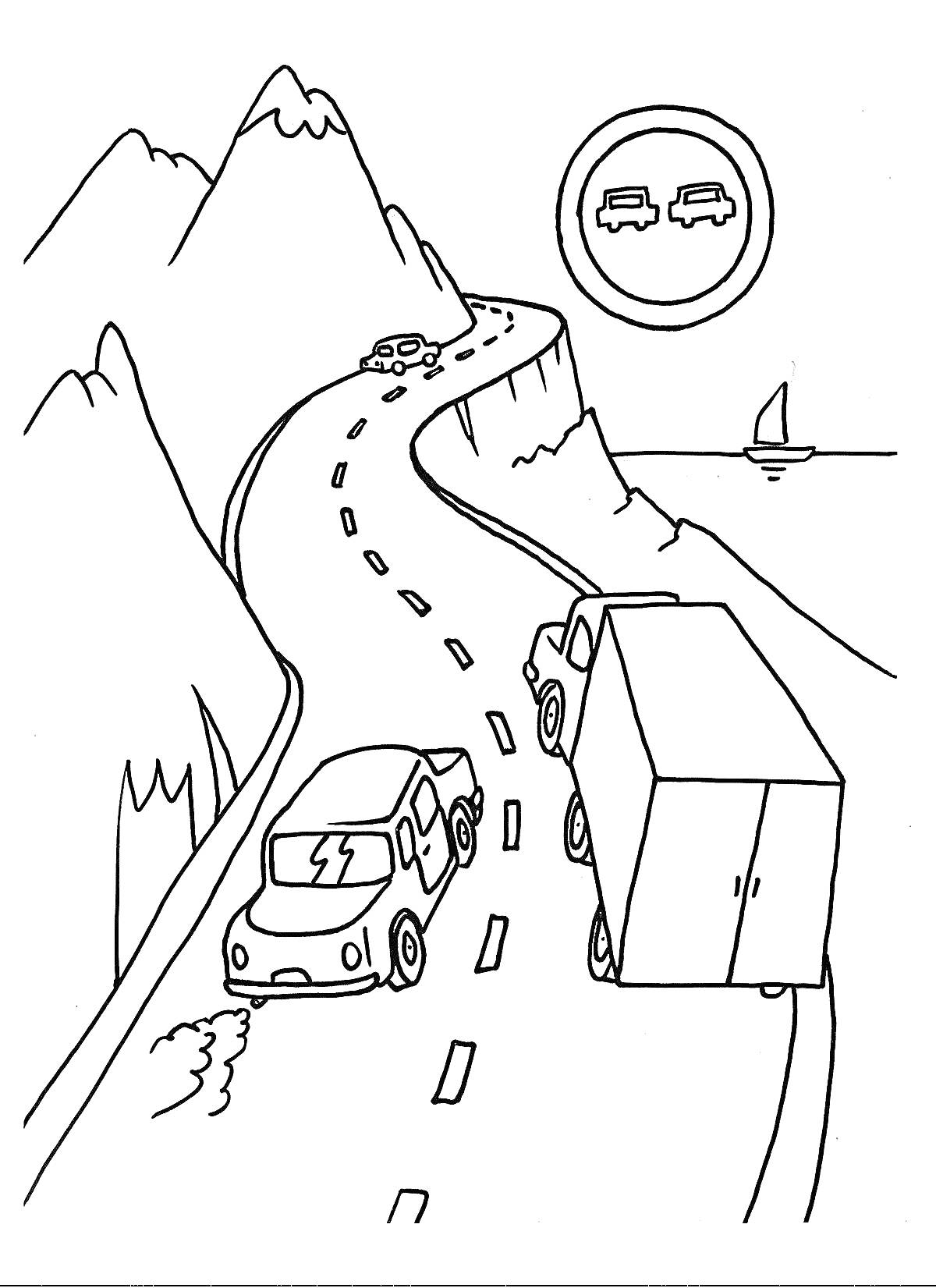 На раскраске изображено: Дорожные знаки, Море, Движение, Транспорт, Правила дорожного движения, Грузовая машина, Легковая машина, Парусники