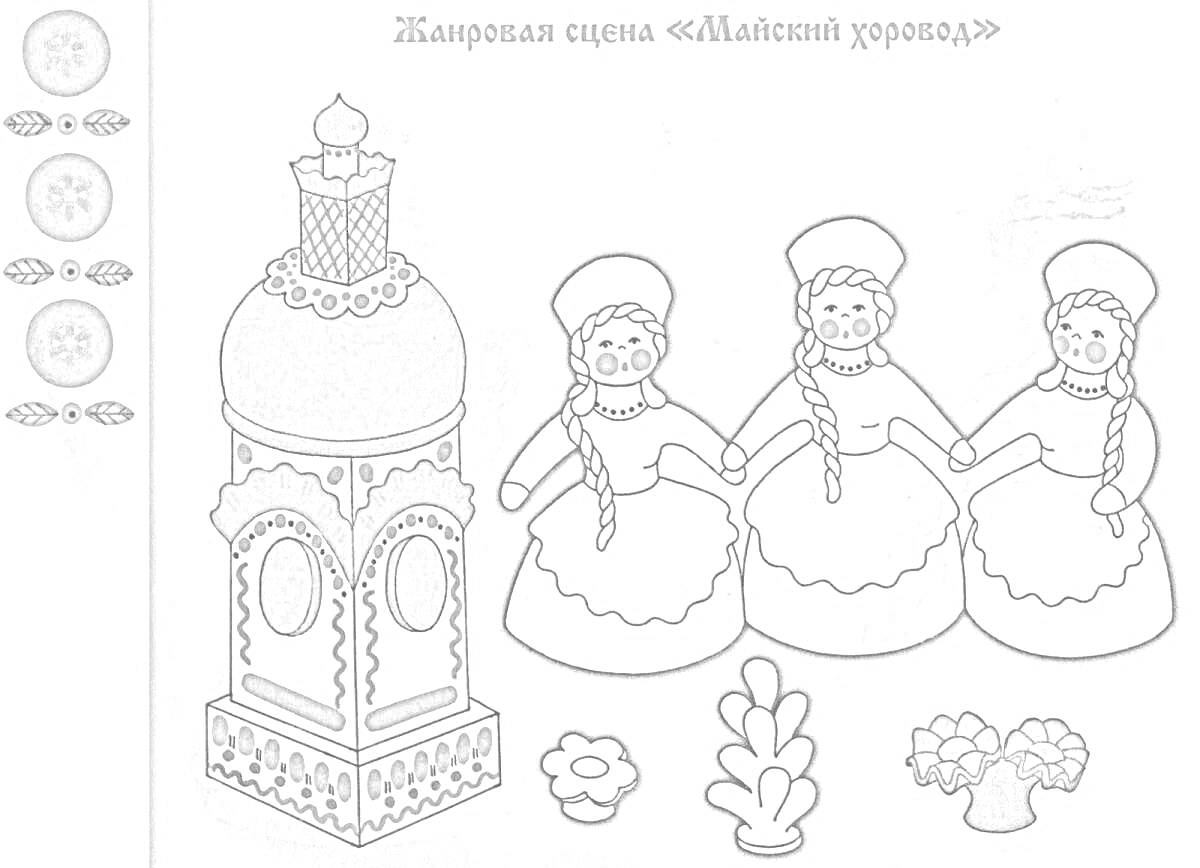 На раскраске изображено: Дымковская игрушка, Три девушки, Цветы, Декоративные элементы, Традиционная роспись, Русское искусство