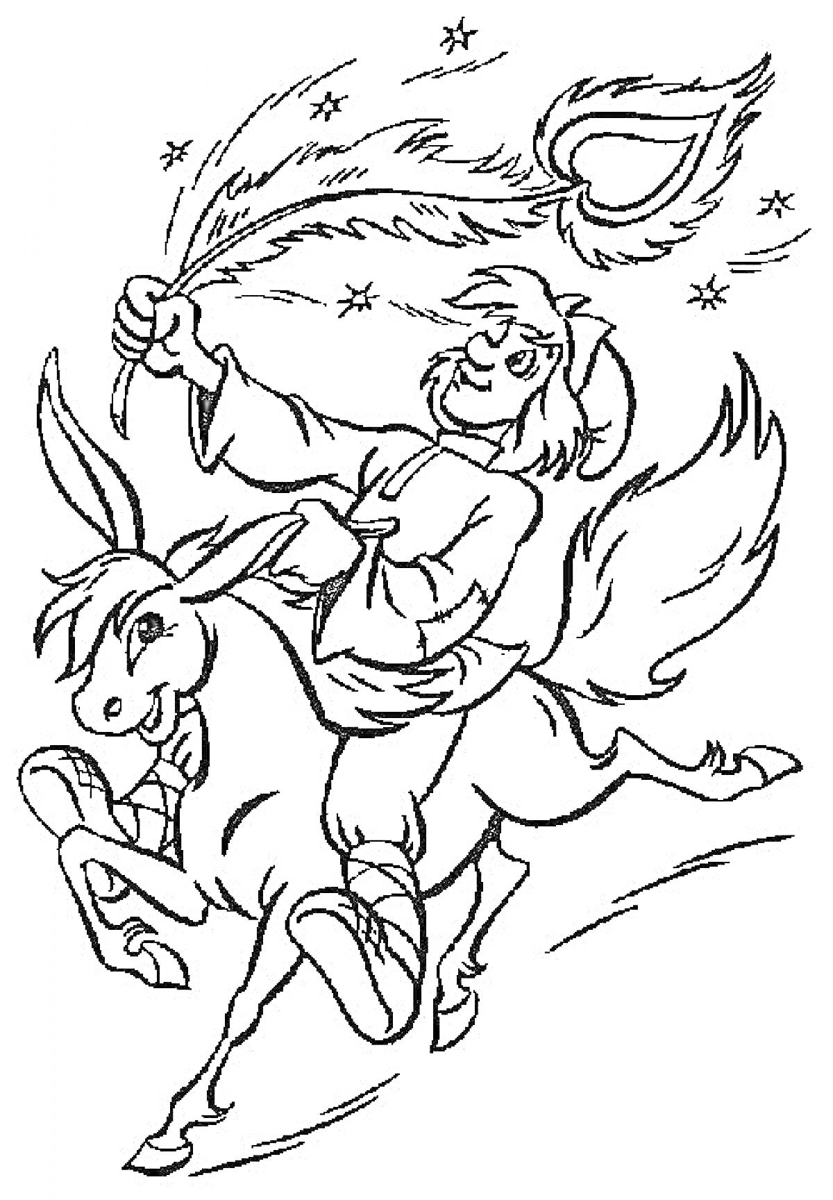 Раскраска Человек верхом на коне с пером Жар-Птицы в руке