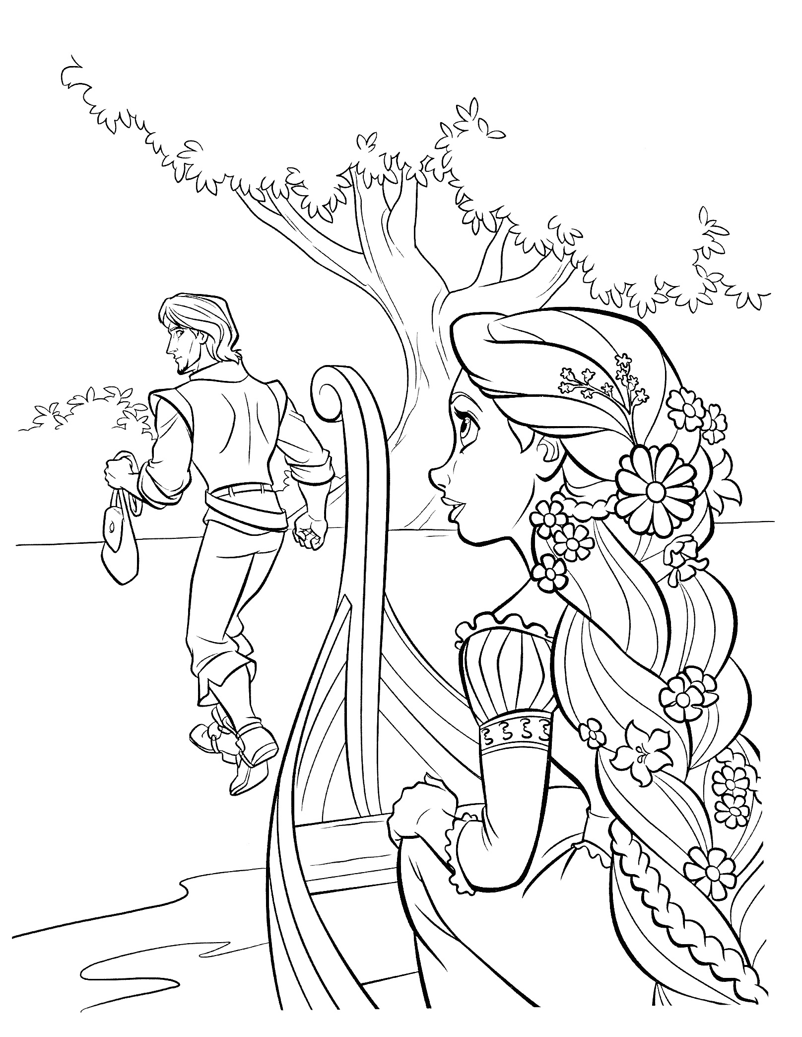 На раскраске изображено: Рапунцель, Лодка, Волосы, Цветы, Мужчина, Из сказок, Деревья
