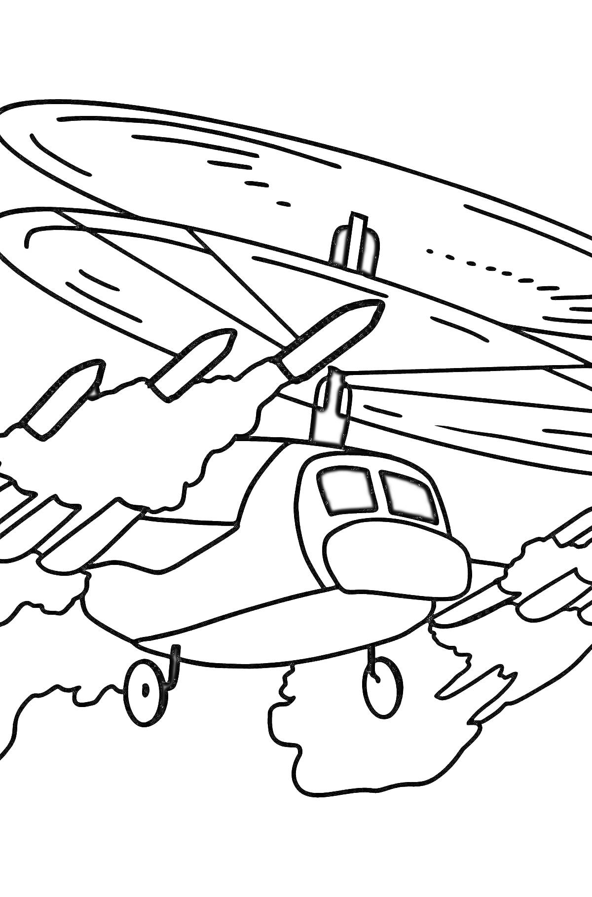 Раскраска Военный вертолет в полете с вращающимися лопастями и хвостовым винтом